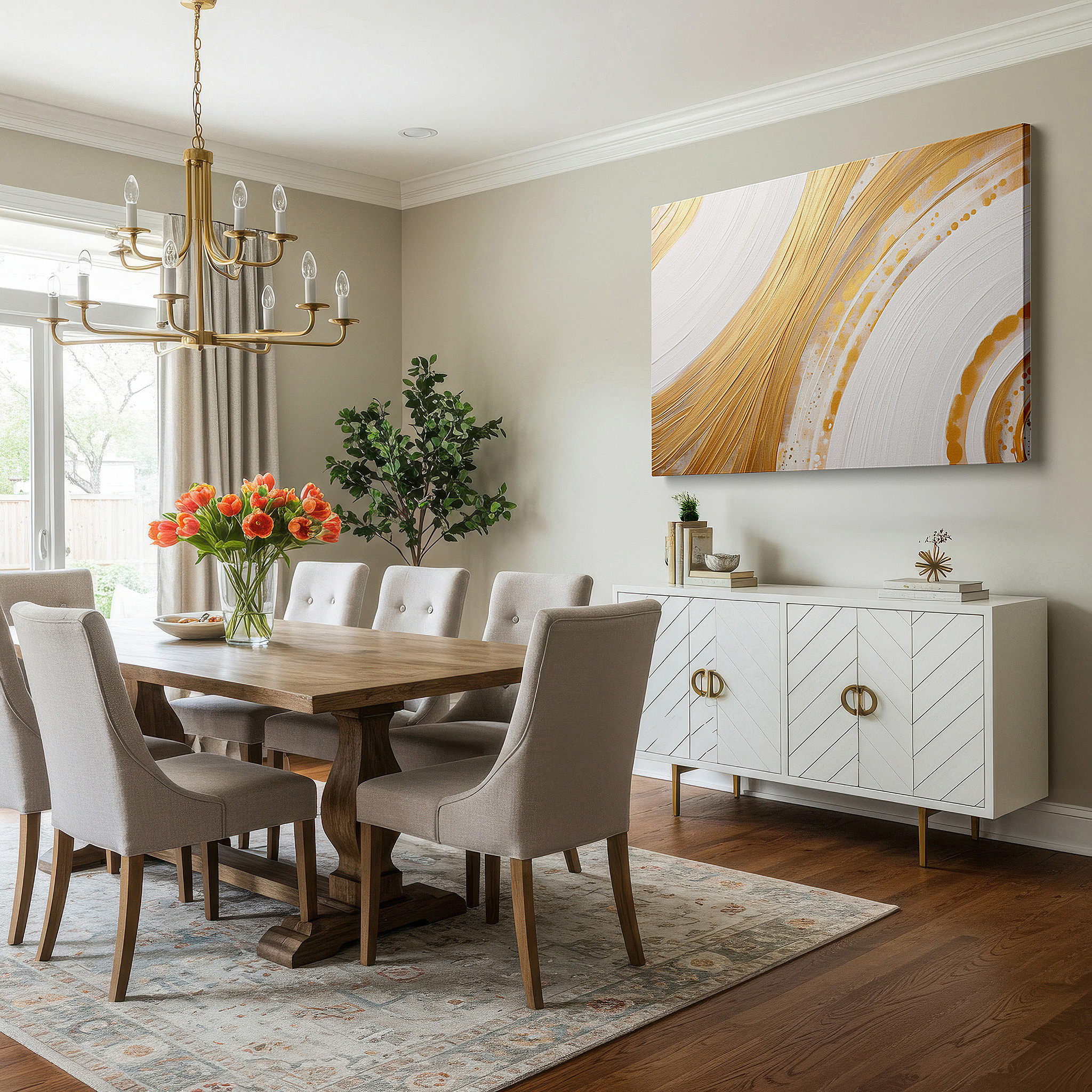Framed by abstract decor and natural-toned accessories — gold and white elegance, abstract harmony for luxurious spaces: large wall art, canvas wall art, wall decor for offices and bedrooms