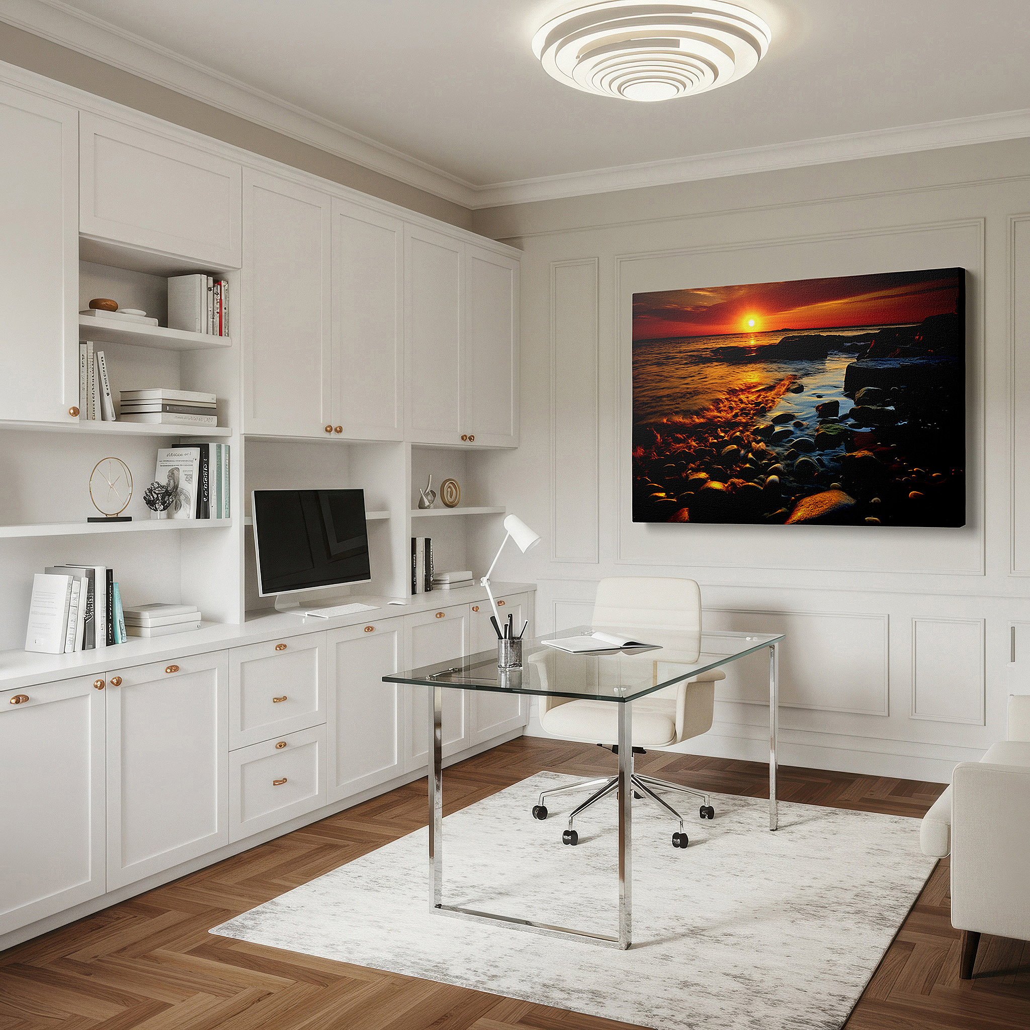 Framed by abstract decor and natural-toned accessories — golden hour seaside glow: waves crashing on rugged rocks beneath a radiant sunset - large canvas wall art for home and office decor