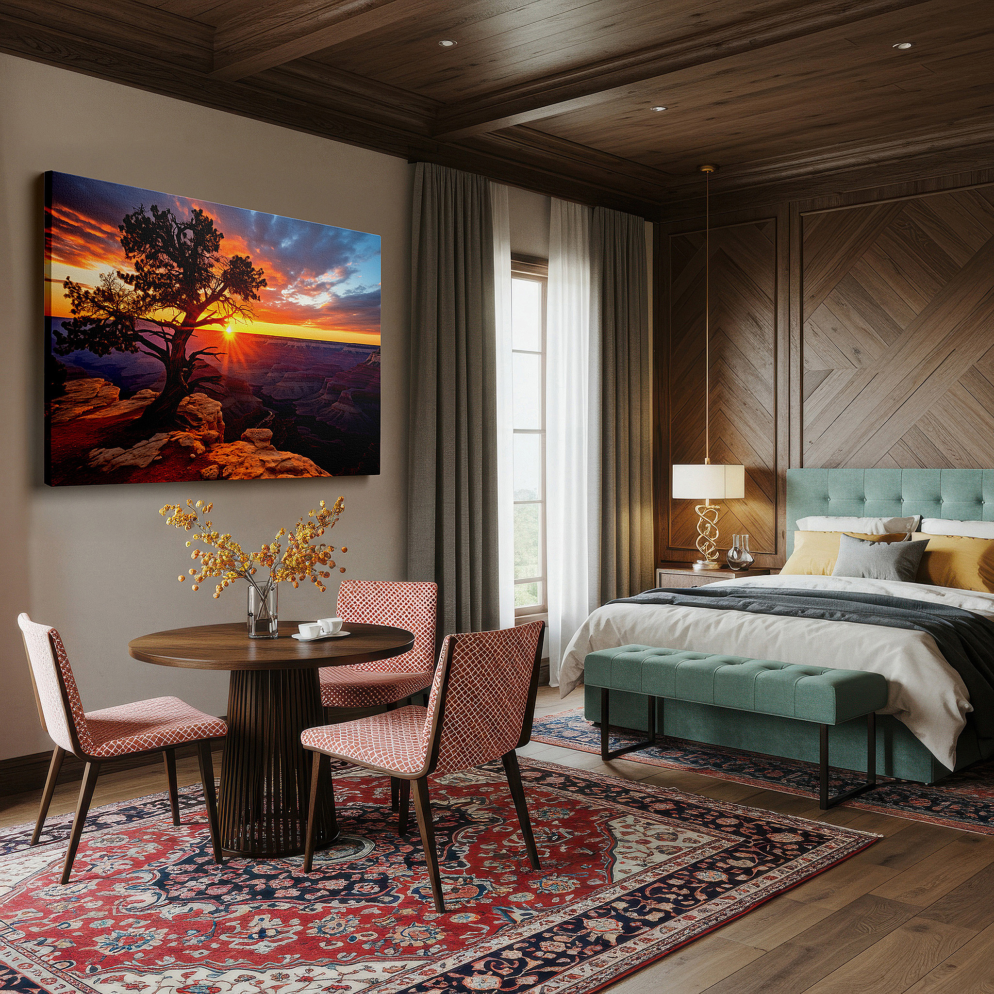 Framed by abstract decor and natural-toned accessories — grand canyon sunset and silhouetted tree - nature's masterpiece large wall art, canvas wall art, wall decor for office