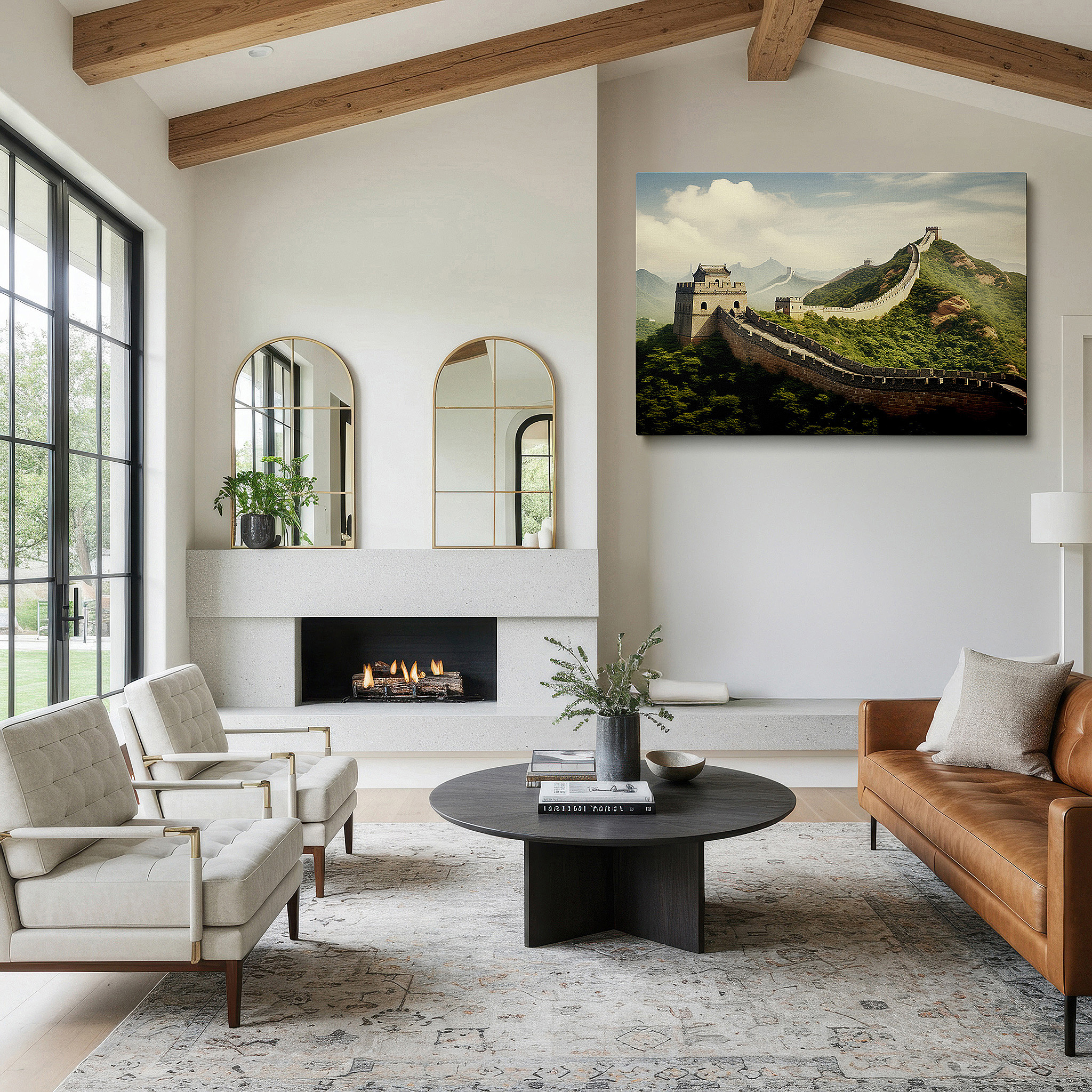 Framed by abstract decor and natural-toned accessories — great wall of china canvas art - emblem of resilience and ingenuity, ideal for office and bedroom decor