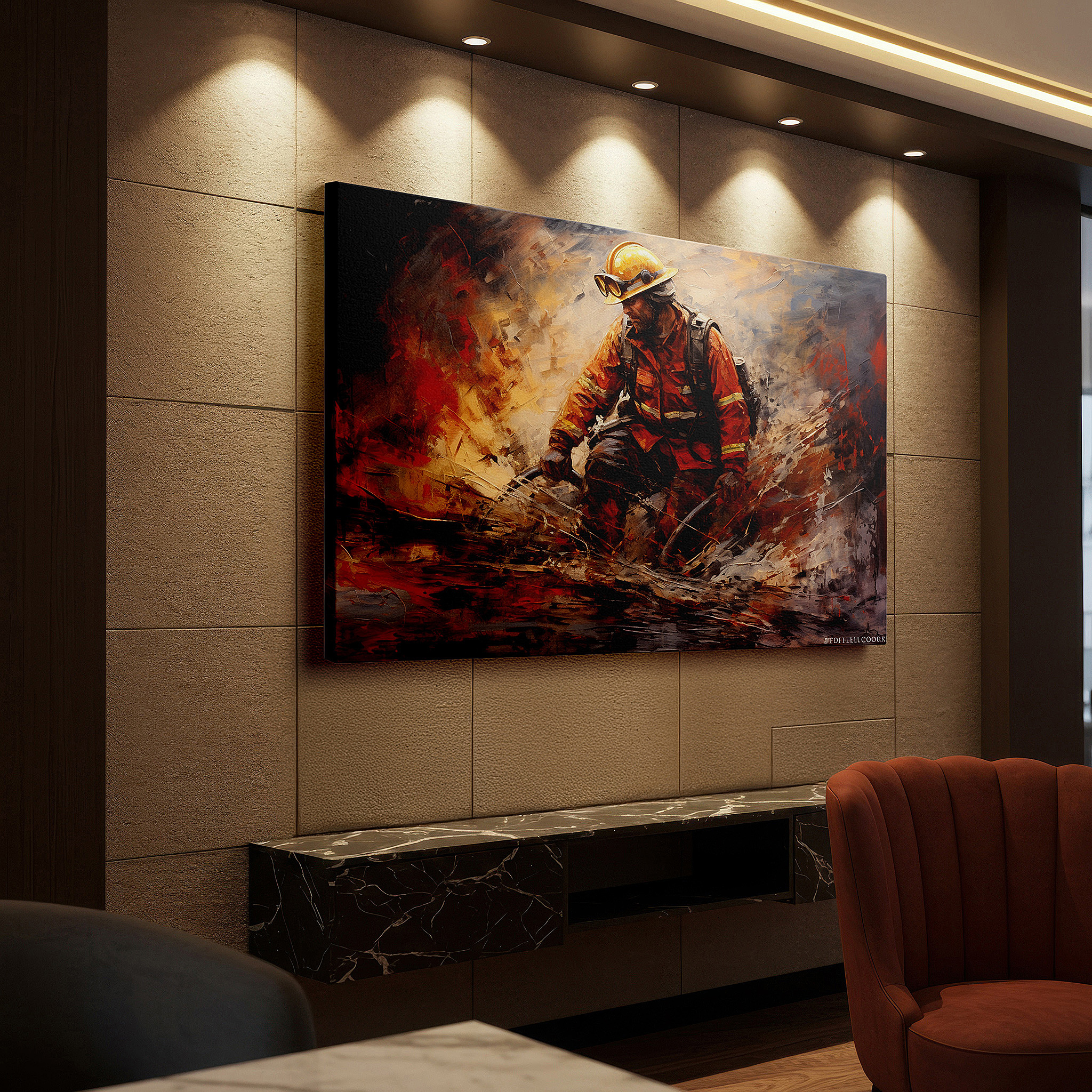 Framed by abstract decor and natural-toned accessories — heroic firefighter in action amidst flames and smoke large wall art, canvas wall art, wall decor, office wall art