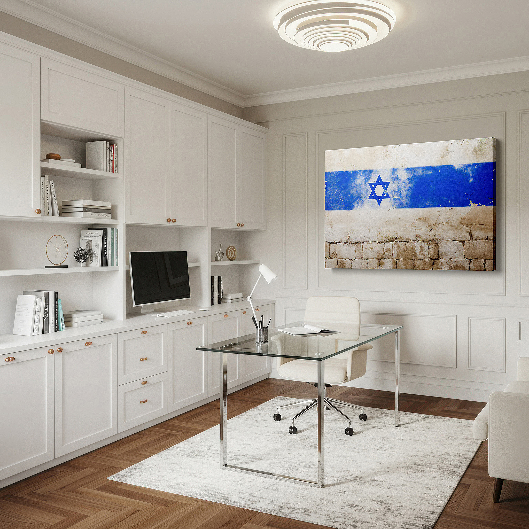 Framed by abstract decor and natural-toned accessories — israel's flag displayed on aged wall representing national strength and pride: large wall art, canvas, decor for office and bedroom
