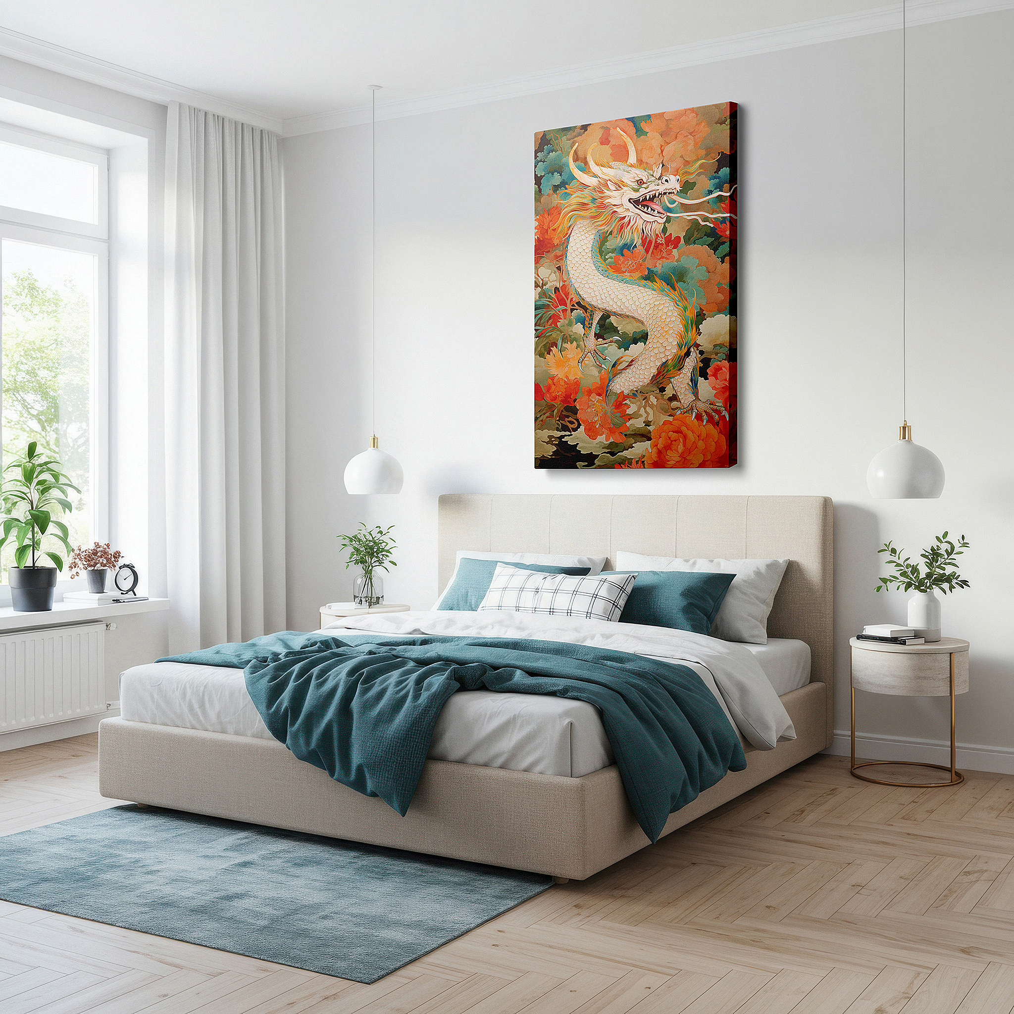Framed by abstract decor and natural-toned accessories — majestic dragon among vibrant blossoms - a blend of myth and nature large wall art, canvas wall art, wall decor, office wall art