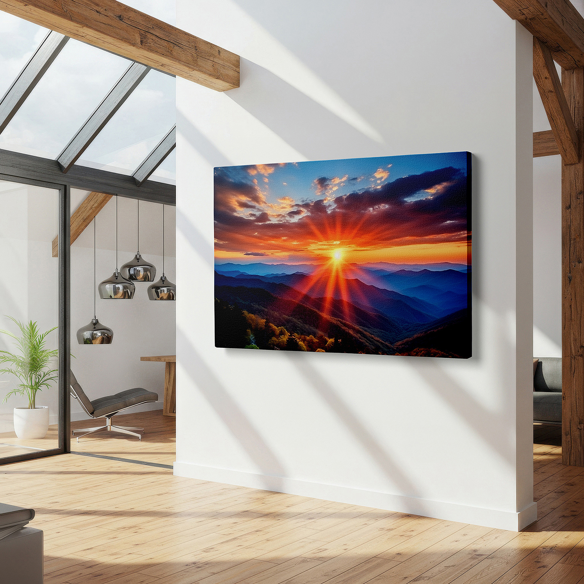 Framed by abstract decor and natural-toned accessories — majestic mountain sunrise - a canvas of light and renewal: large wall art for offices and bedrooms