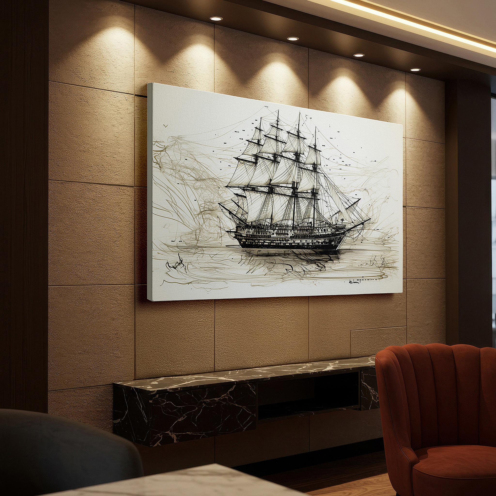 Framed by abstract decor and natural-toned accessories — majestic tall ship in full sail: a nautical masterpiece and adventure-themed large wall art, canvas wall art, wall decor for office
