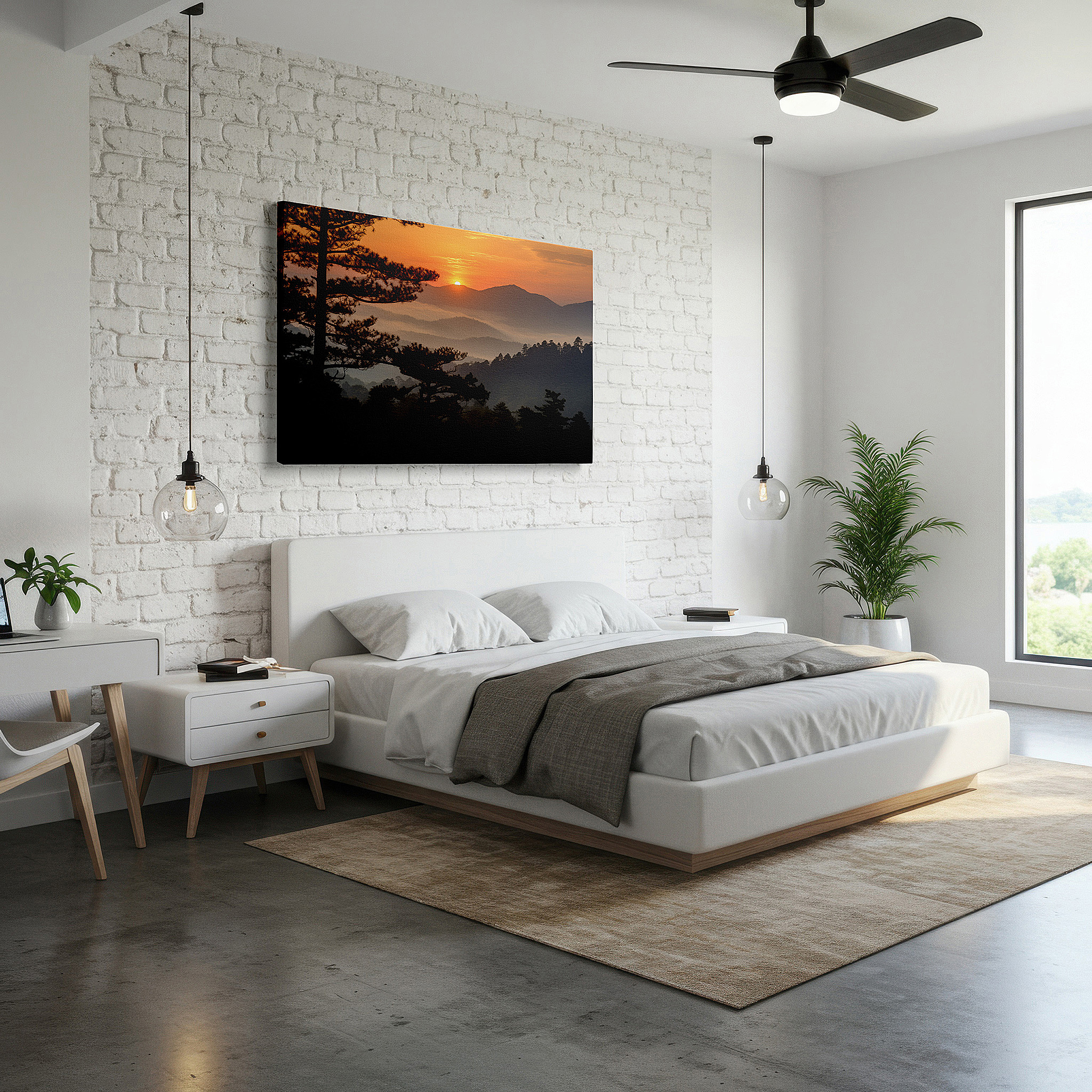 Framed by abstract decor and natural-toned accessories — misty mountain sunset glow, majestic pine-framed radiant skies, large canvas wall art for office and bedroom decor