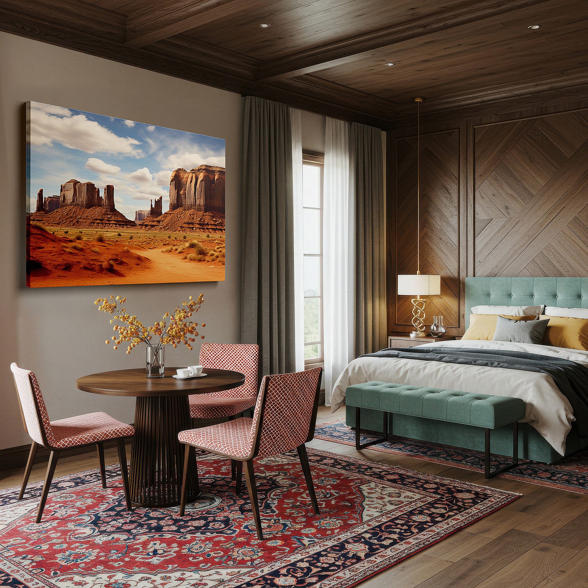 Framed by abstract decor and natural-toned accessories — monument valley majesty: a stunning exhibition of nature's splendor and the passage of time - large canvas wall art for office and bedroom decor
