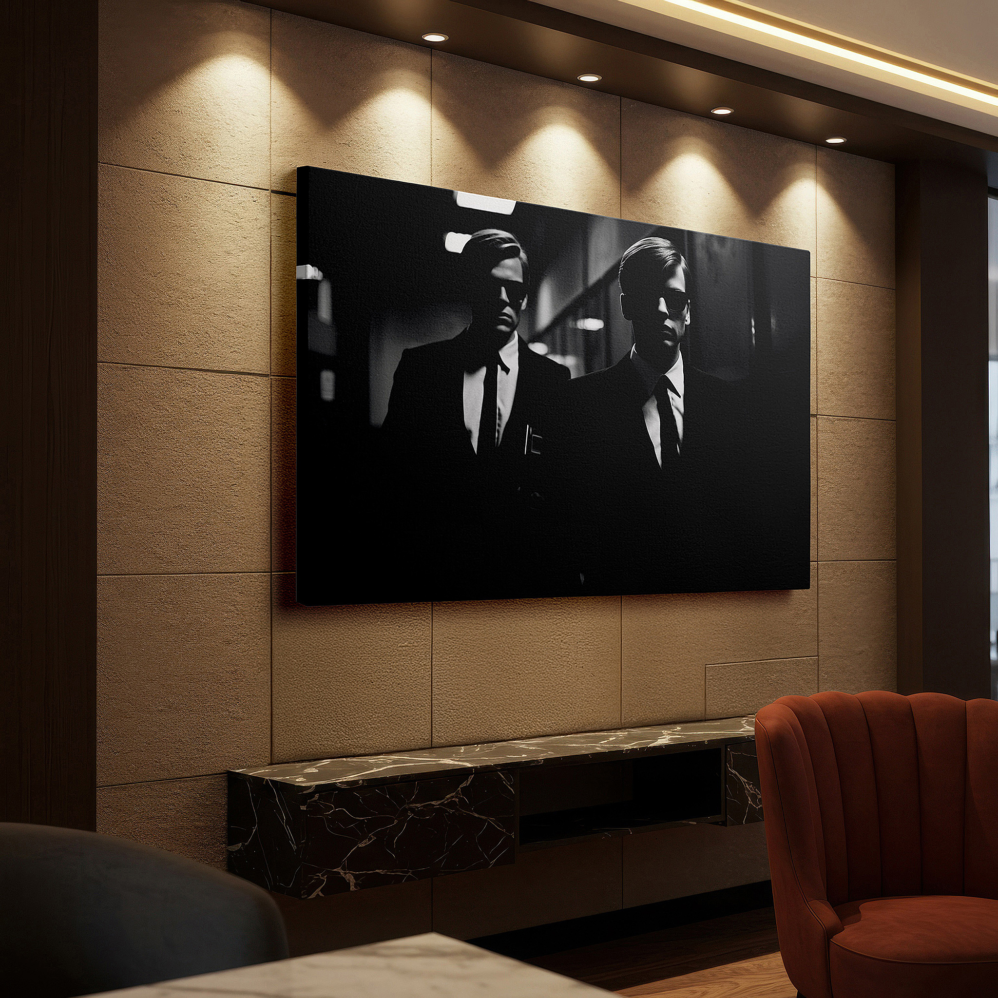 Framed by abstract decor and natural-toned accessories — mysterious monochrome figures: a cinematic exploration of mystery and intrigue - large wall art, canvas wall art, wall decor for office