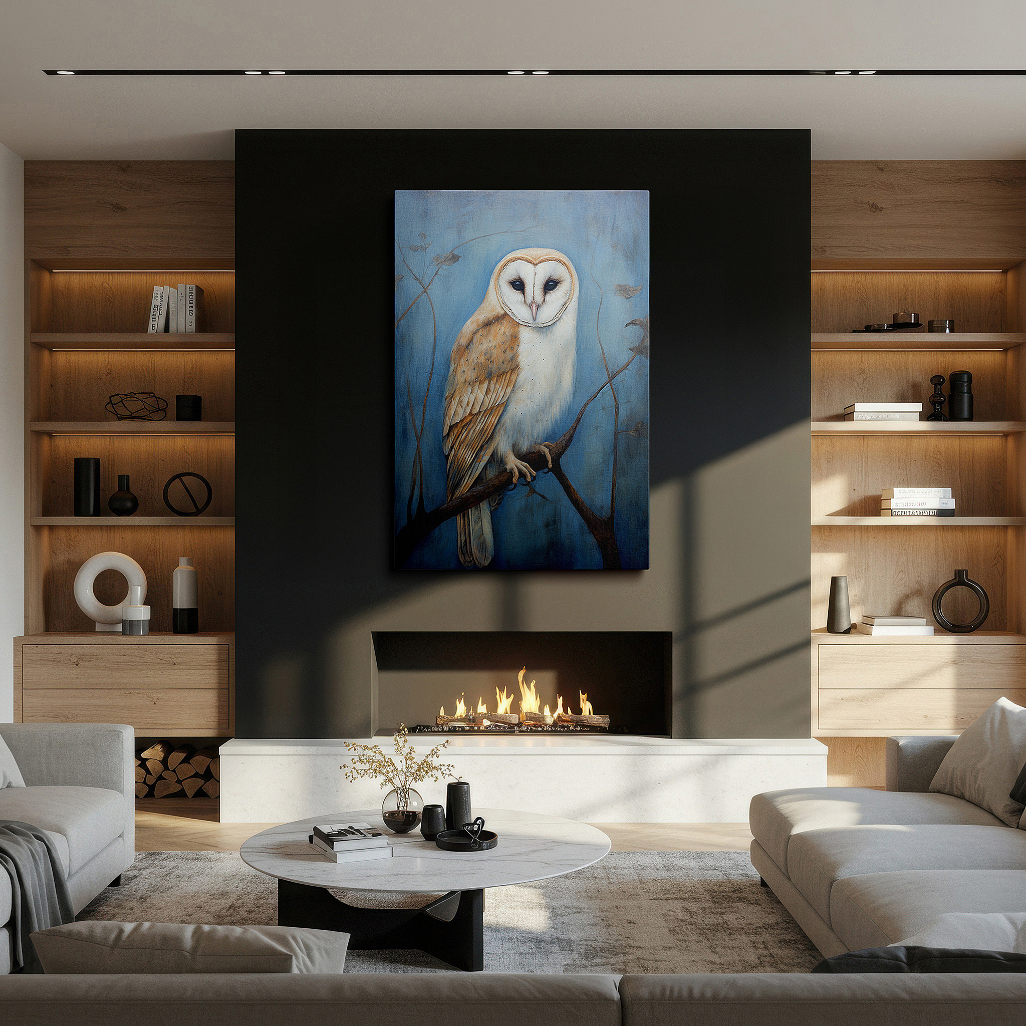 Framed by abstract decor and natural-toned accessories — mysterious owl sitting on a branch, emblematic of nature's serenity and wisdom, oversized wall art, canvas wall art, wall decor for office