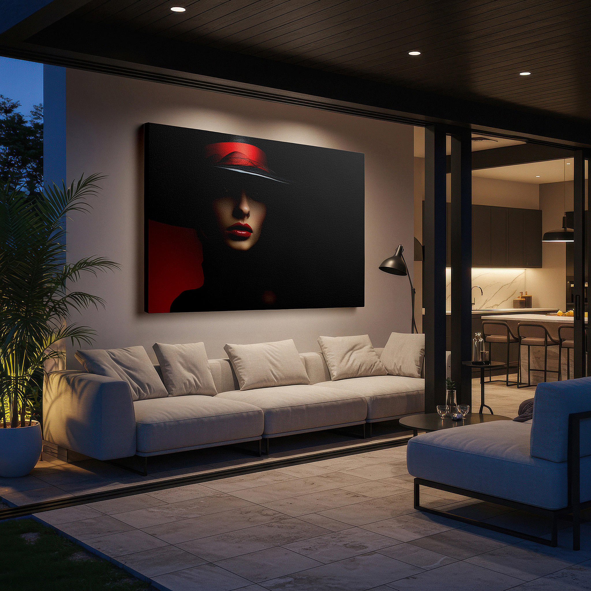 Framed by abstract decor and natural-toned accessories — mysterious woman in shadow and light, dramatic black hat large wall art, canvas wall art, wall decor for office