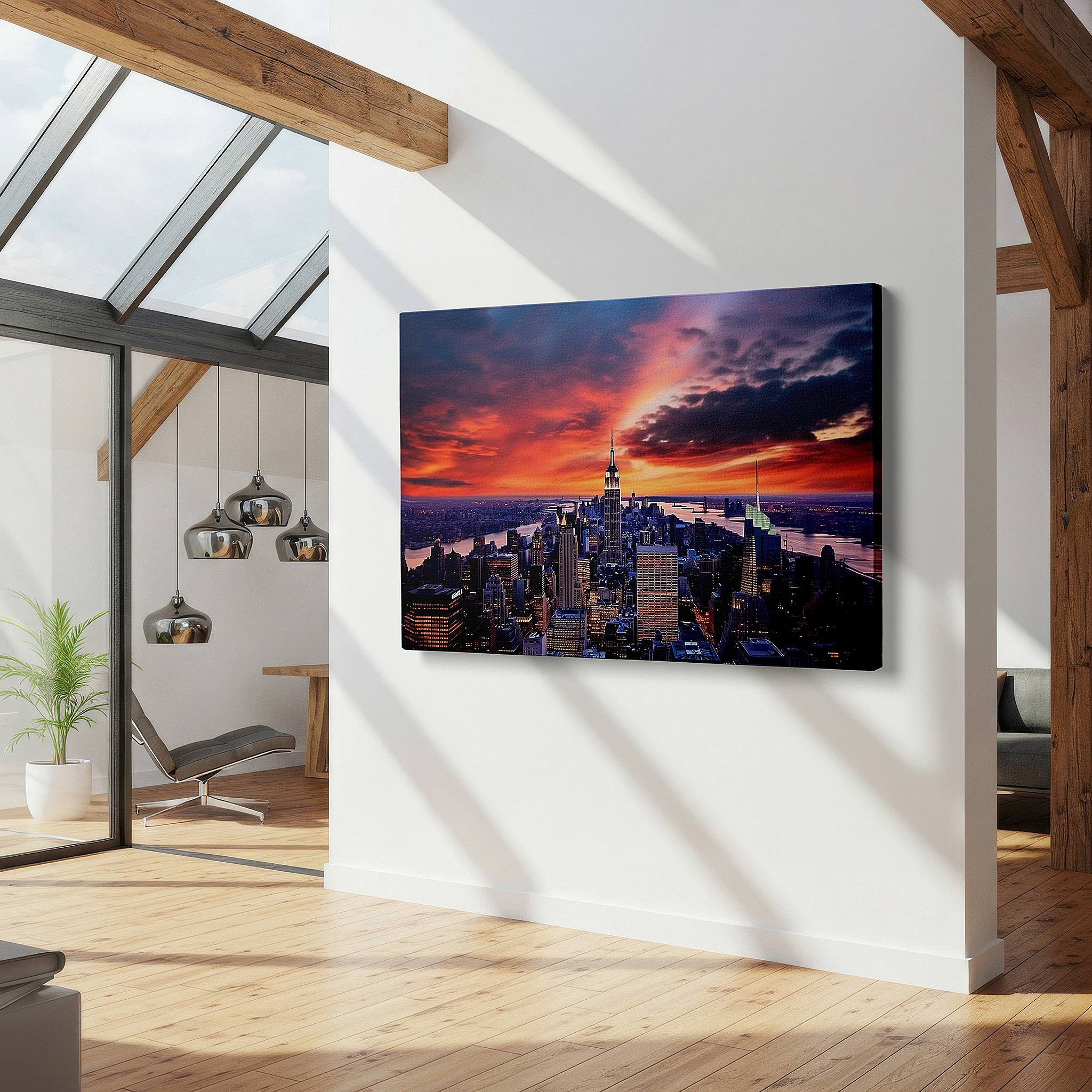 Framed by abstract decor and natural-toned accessories — new york city at sunset: vibrant light and shadow dance across iconic skylines - large wall art, canvas wall art, wall decor for office