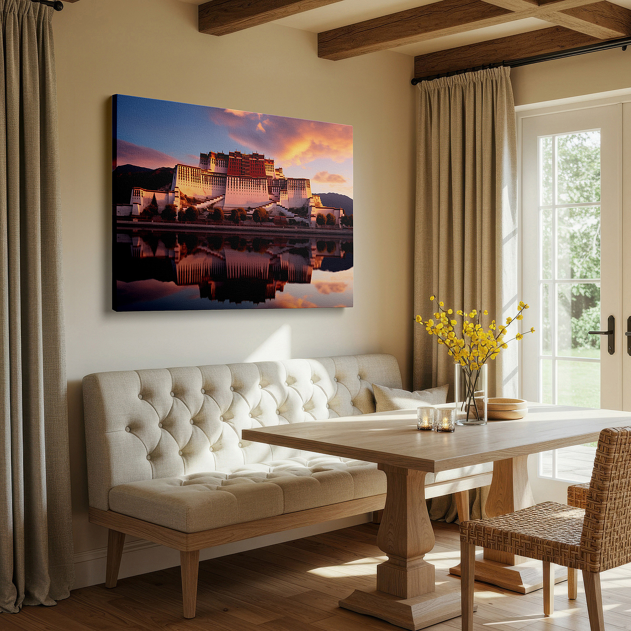 Framed by abstract decor and natural-toned accessories — potala palace at sunset: a display of grand architectural beauty and spiritual peace - large wall art, canvas wall art, wall decor