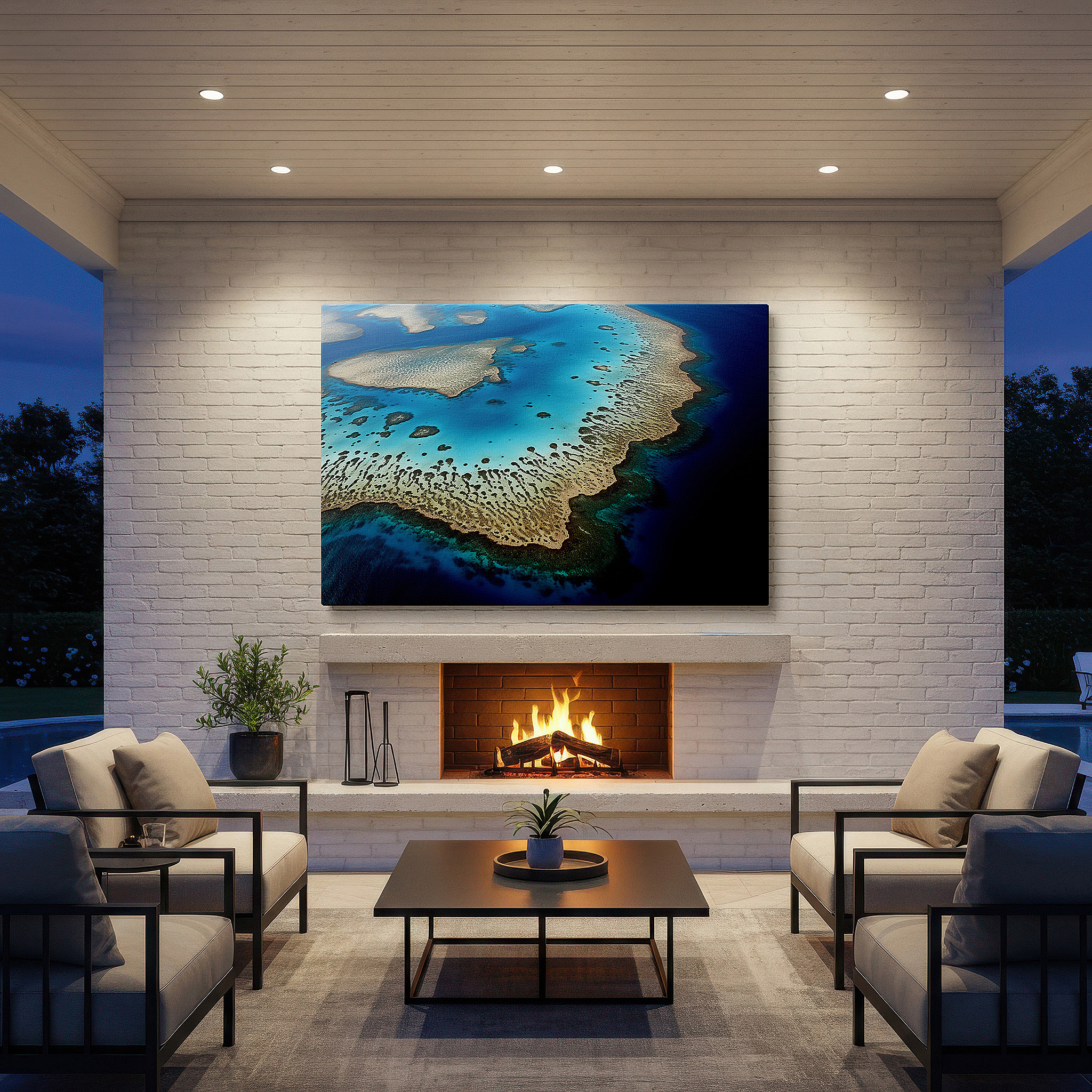 Framed by abstract decor and natural-toned accessories — radiant aerial view of a coral atoll, showcasing the delicate marine ecosystem - large wall art, canvas wall art, wall decor for office