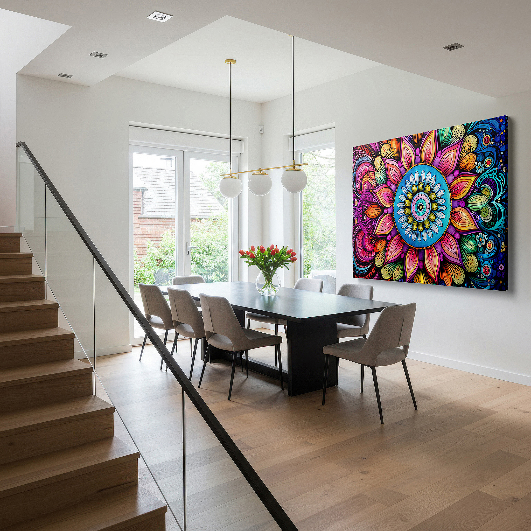 Framed by abstract decor and natural-toned accessories — radiant mandala wall art symbolizing universal peace and serenity - ideal for office, living room, or bedroom decor