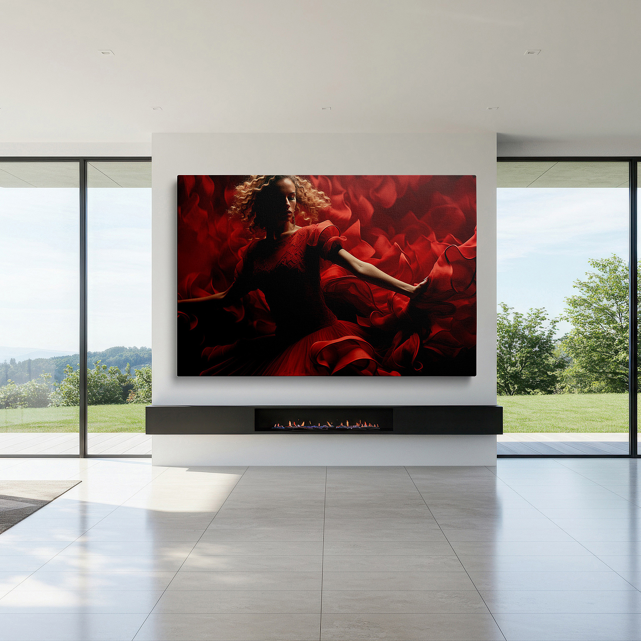 Framed by abstract decor and natural-toned accessories — red passionate dance - a visual symphony of movement and emotion: large wall art, canvas wall art, wall decor for office and bedroom