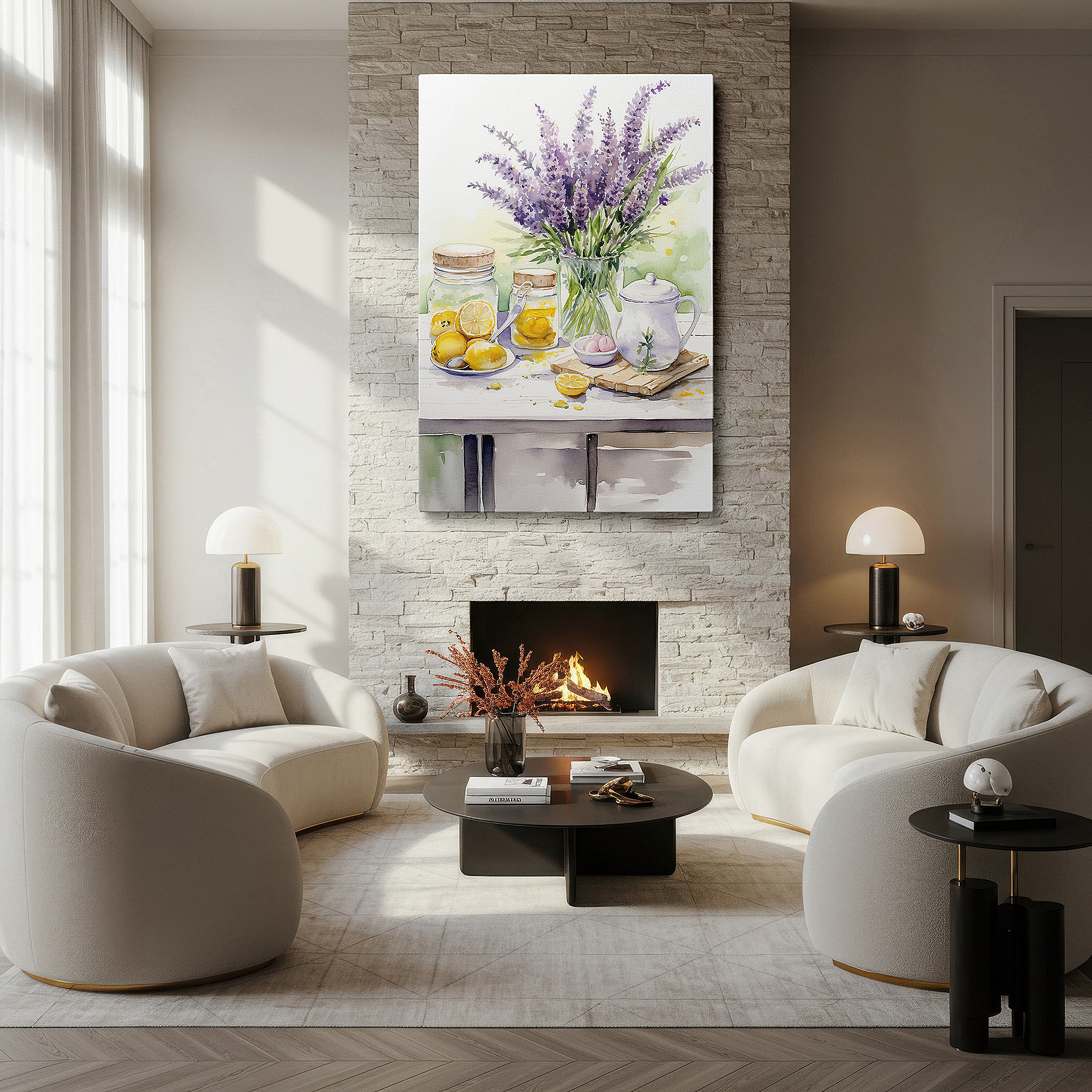 Framed by abstract decor and natural-toned accessories — rustic lemon and lavender tea set scene - large canvas wall art for office and bedroom decor