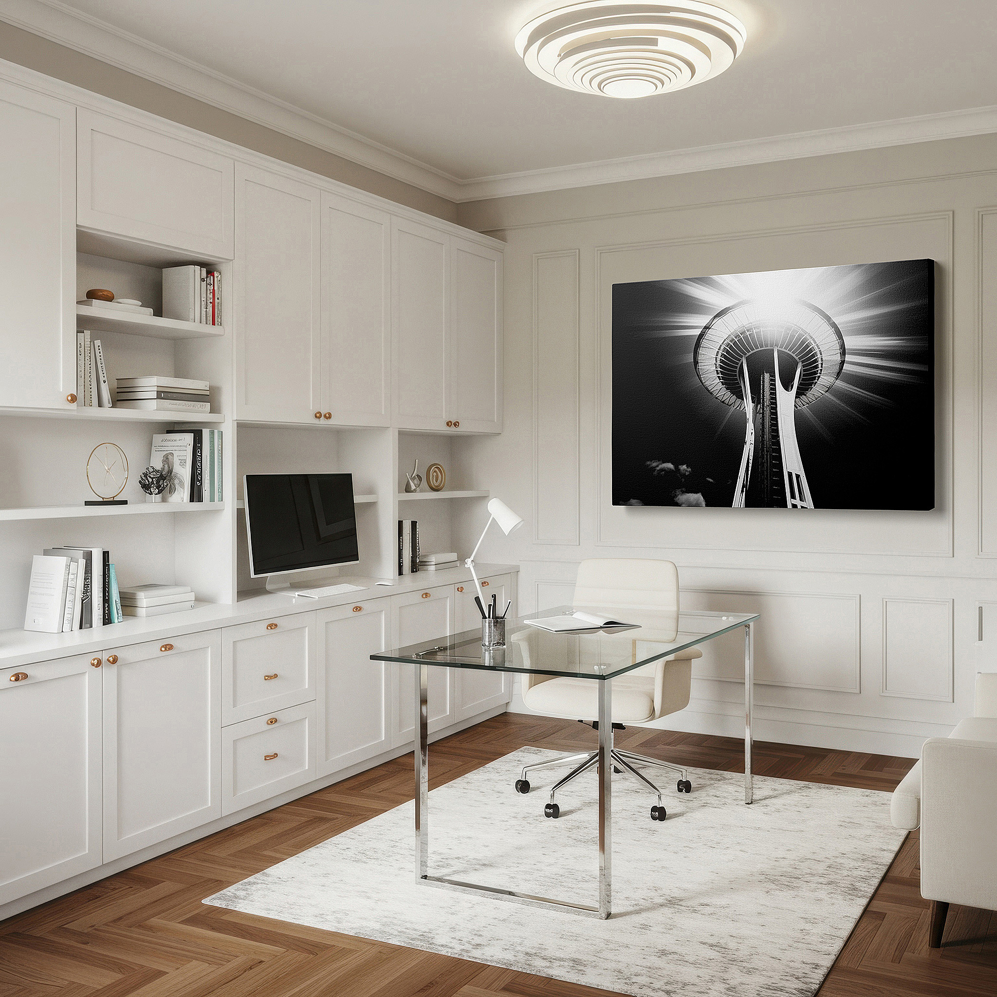 Framed by abstract decor and natural-toned accessories — seattle space needle in dramatic black and white: a masterful interplay of light and shadow, large canvas wall art for office decor