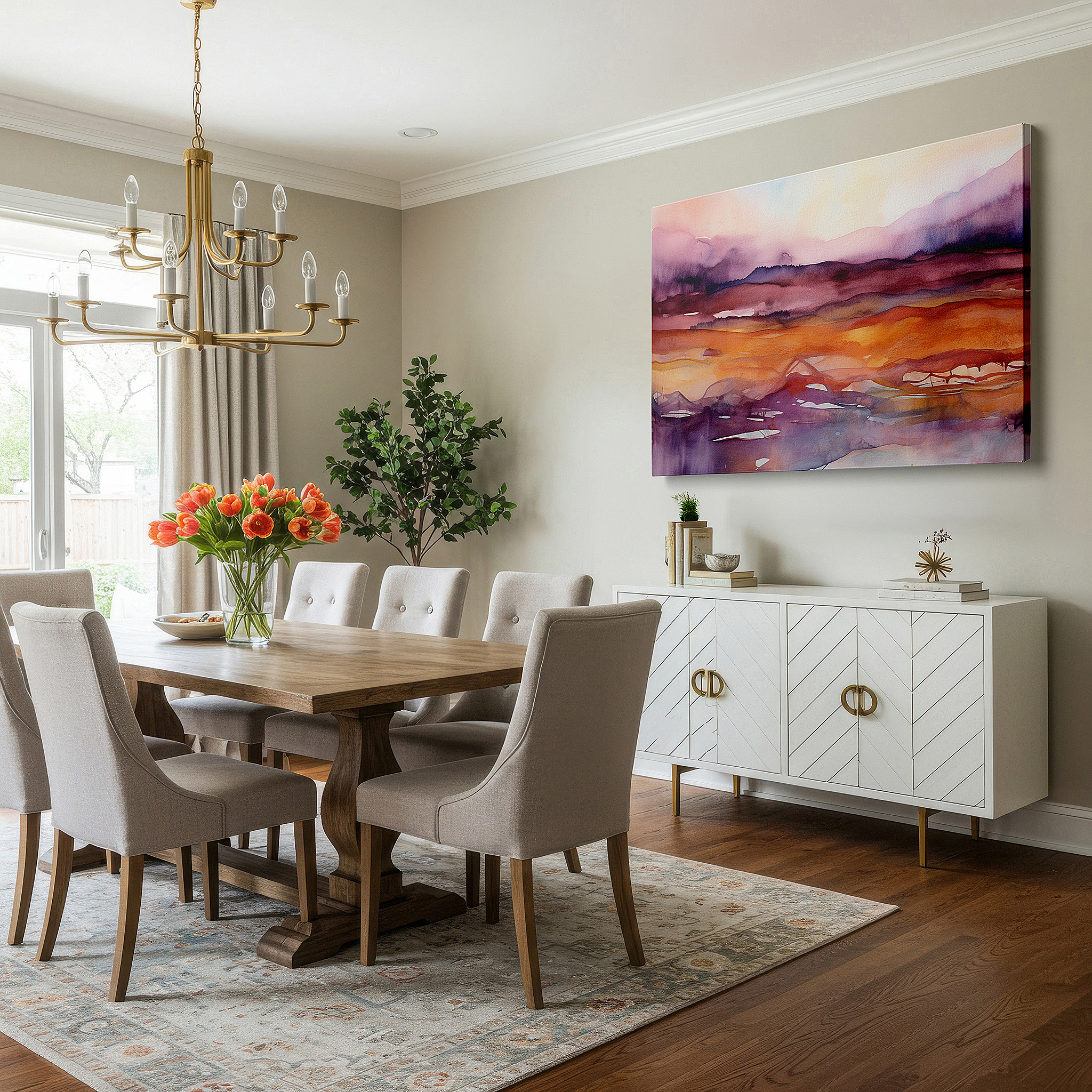 Framed by abstract decor and natural-toned accessories — serene abstract landscape with soft edges and warm gradient hues, large canvas wall art for home and office decor