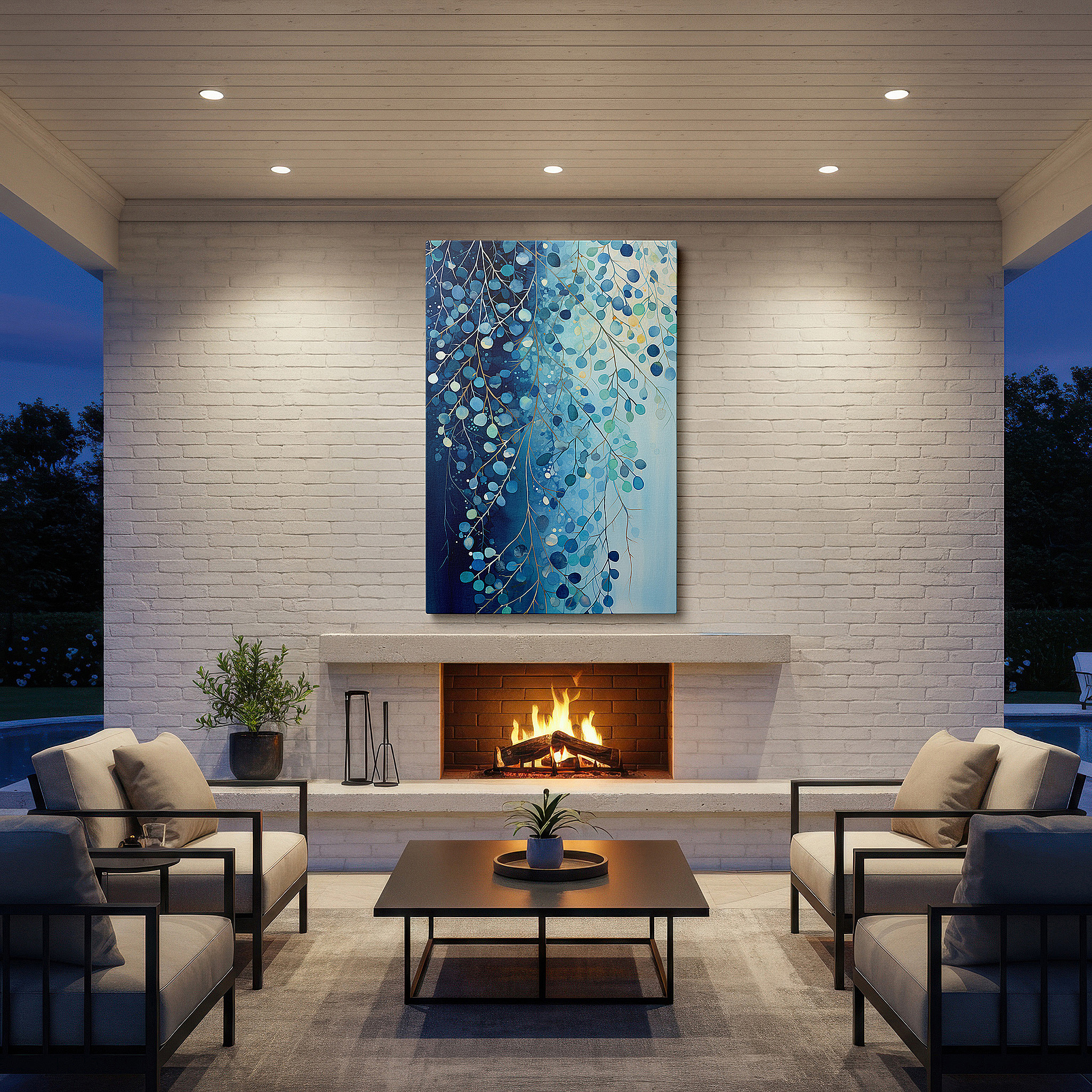 Framed by abstract decor and natural-toned accessories — serene blue leaves: large canvas wall art evoking tranquility and nature's peace for office and bedroom decor