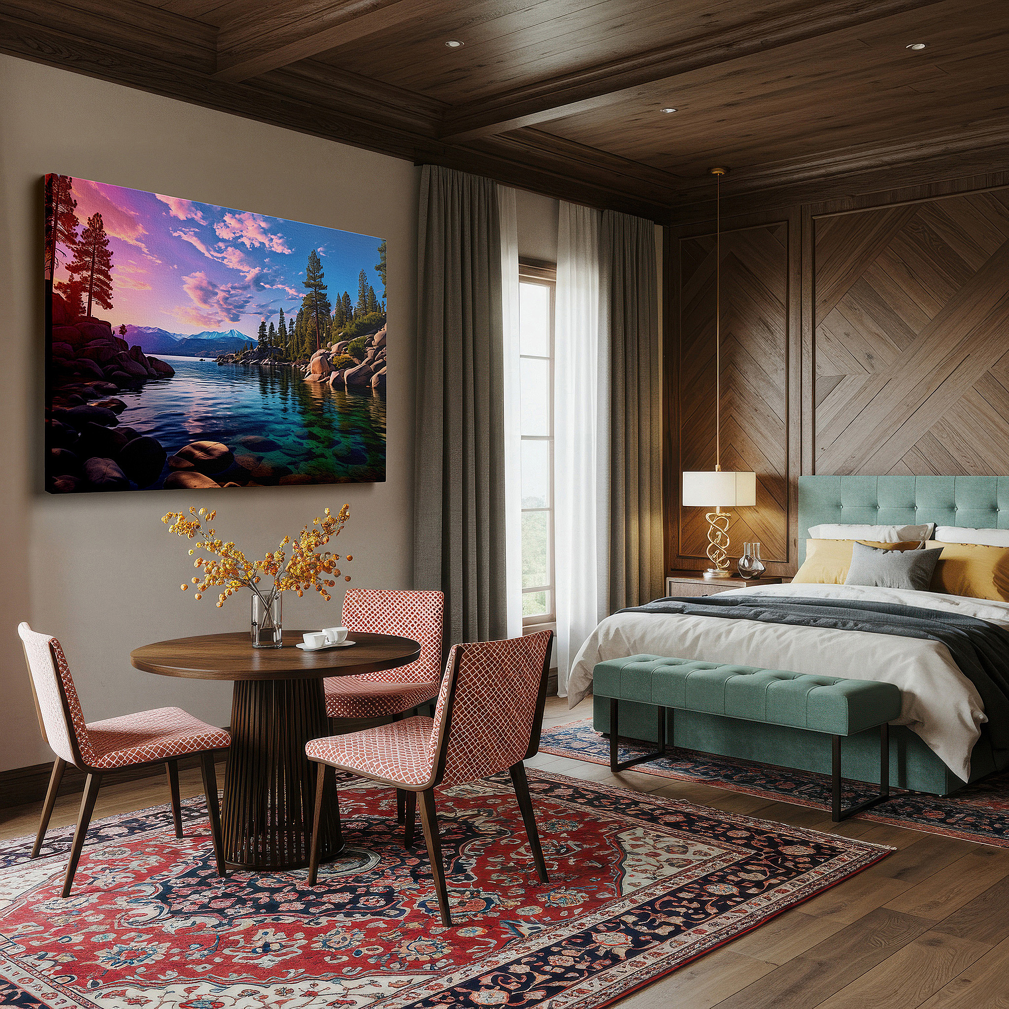 Framed by abstract decor and natural-toned accessories — serene lakeside sunset: a tranquil reflection of nature's fiery palette - large canvas wall art for home and office decor