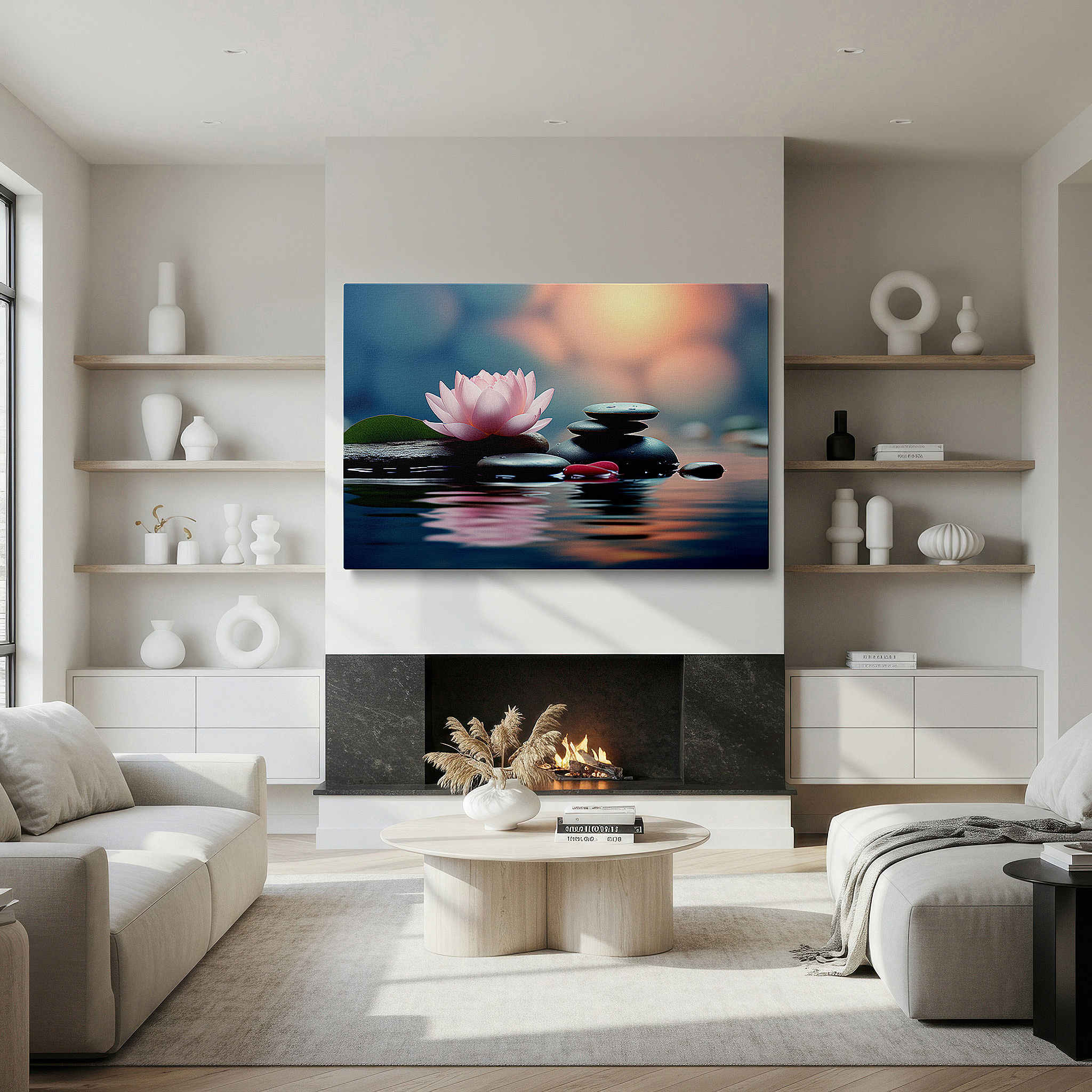 Framed by abstract decor and natural-toned accessories — serene lotus flower on peaceful waters: emblem of purity and enlightenment - large canvas wall art for office and bedroom decor