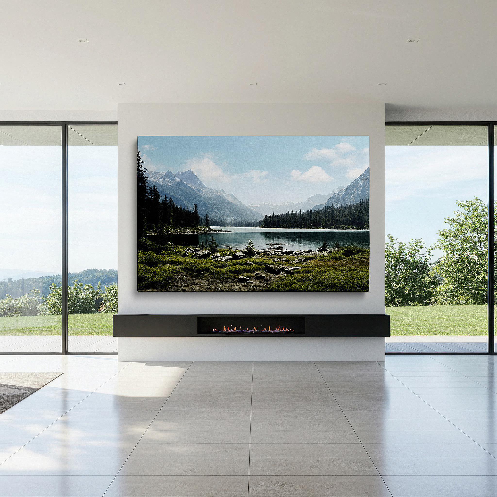 Framed by abstract decor and natural-toned accessories — serene mountain lake reflections: tranquil wilderness gateway - large canvas wall art for office, bedroom, and living room decor