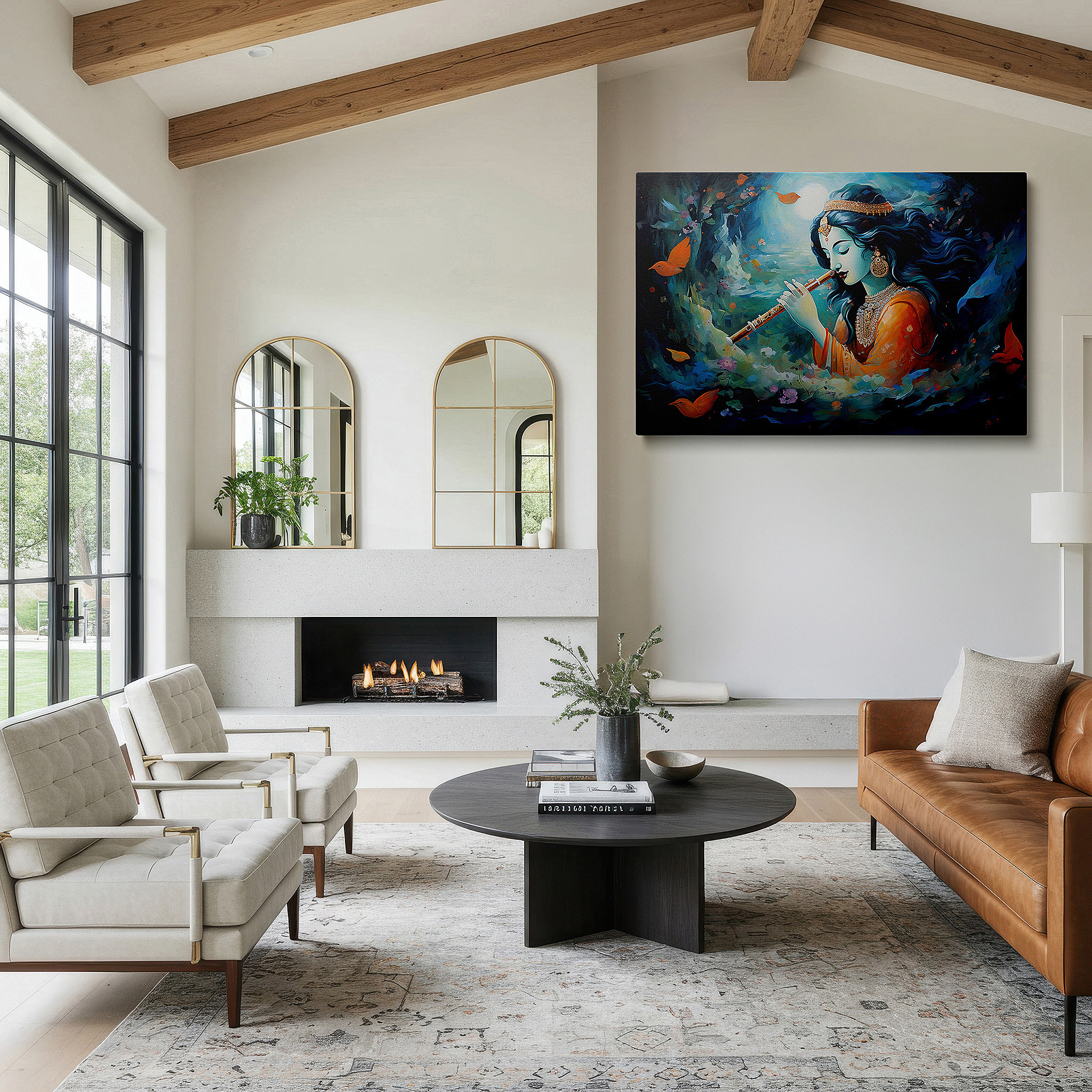 Framed by abstract decor and natural-toned accessories — serene nature melodies - woman in orange playing flute with birds, large blue background canvas wall art for office decor