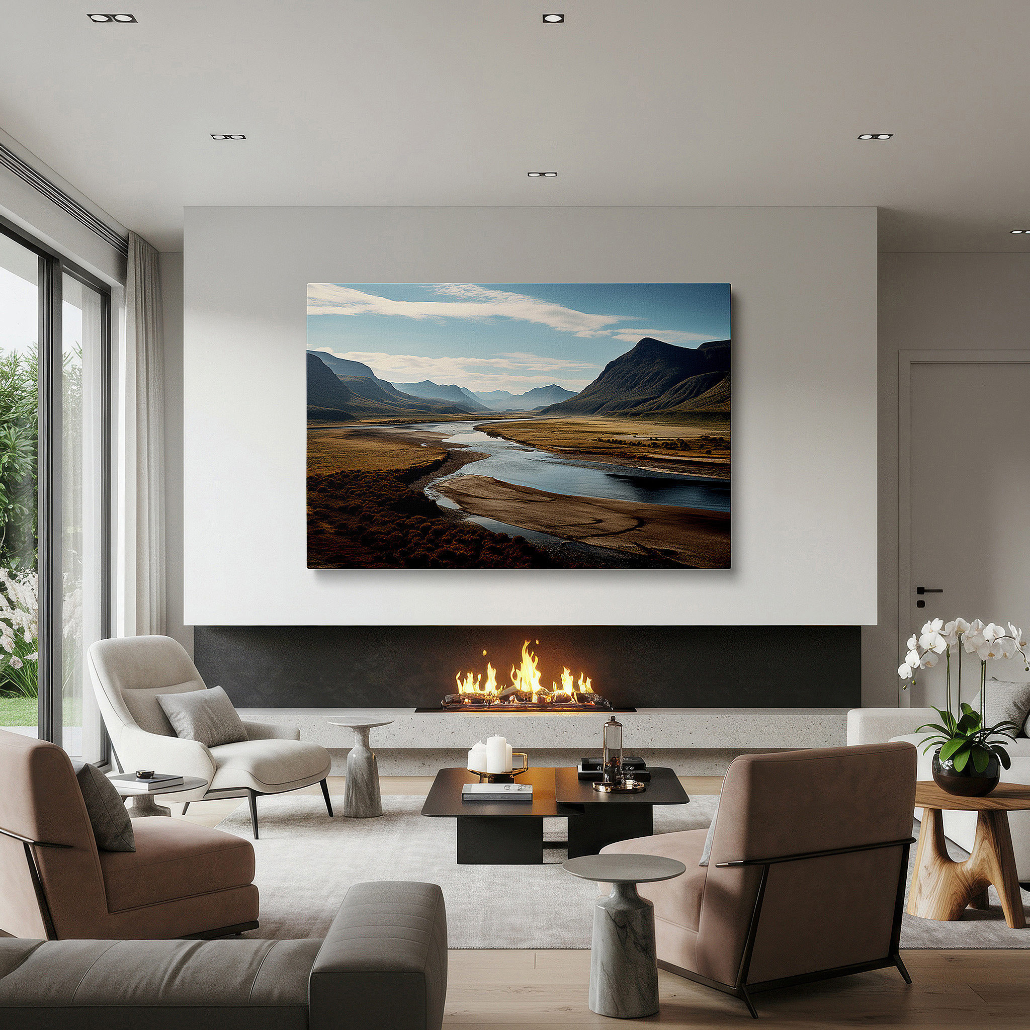 Framed by abstract decor and natural-toned accessories — serene river and majestic mountains large canvas wall art - lush valley and pristine blue sky wall decor for office