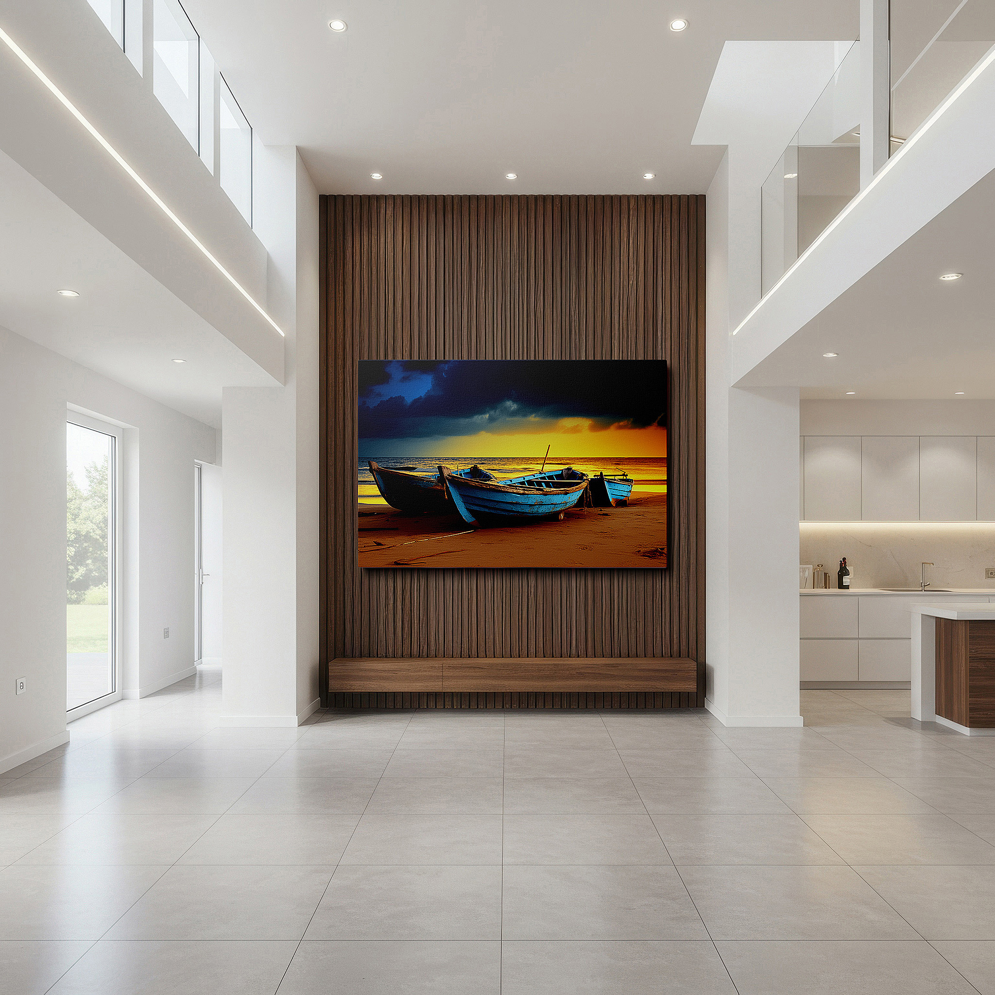 Framed by abstract decor and natural-toned accessories — serene sunset and aged blue boats on a sandy shore - a visual exploration of time and memory large wall art, canvas wall art, wall decor
