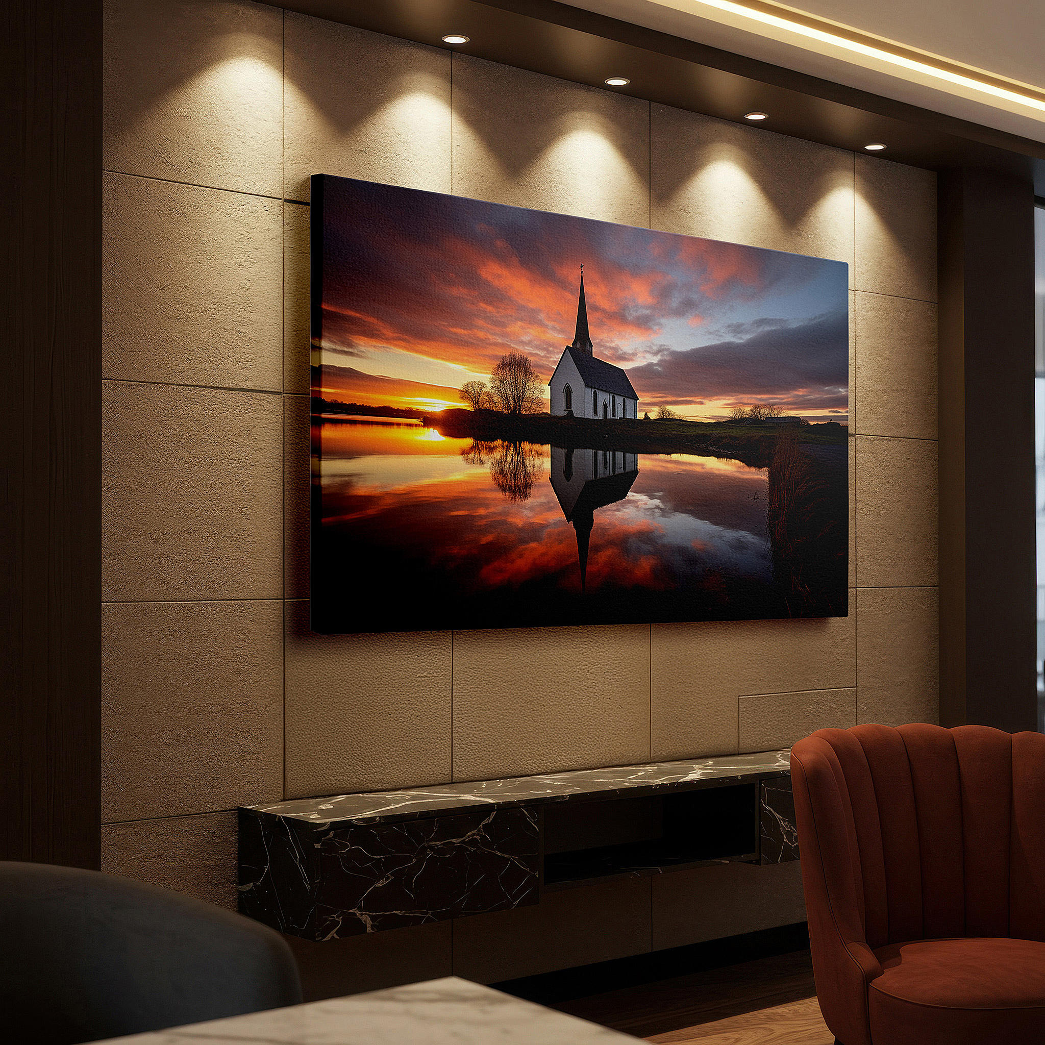Framed by abstract decor and natural-toned accessories — serene sunset and quaint church reflections by a lake - nature and architecture masterpiece large wall art, canvas wall art, wall decor for office