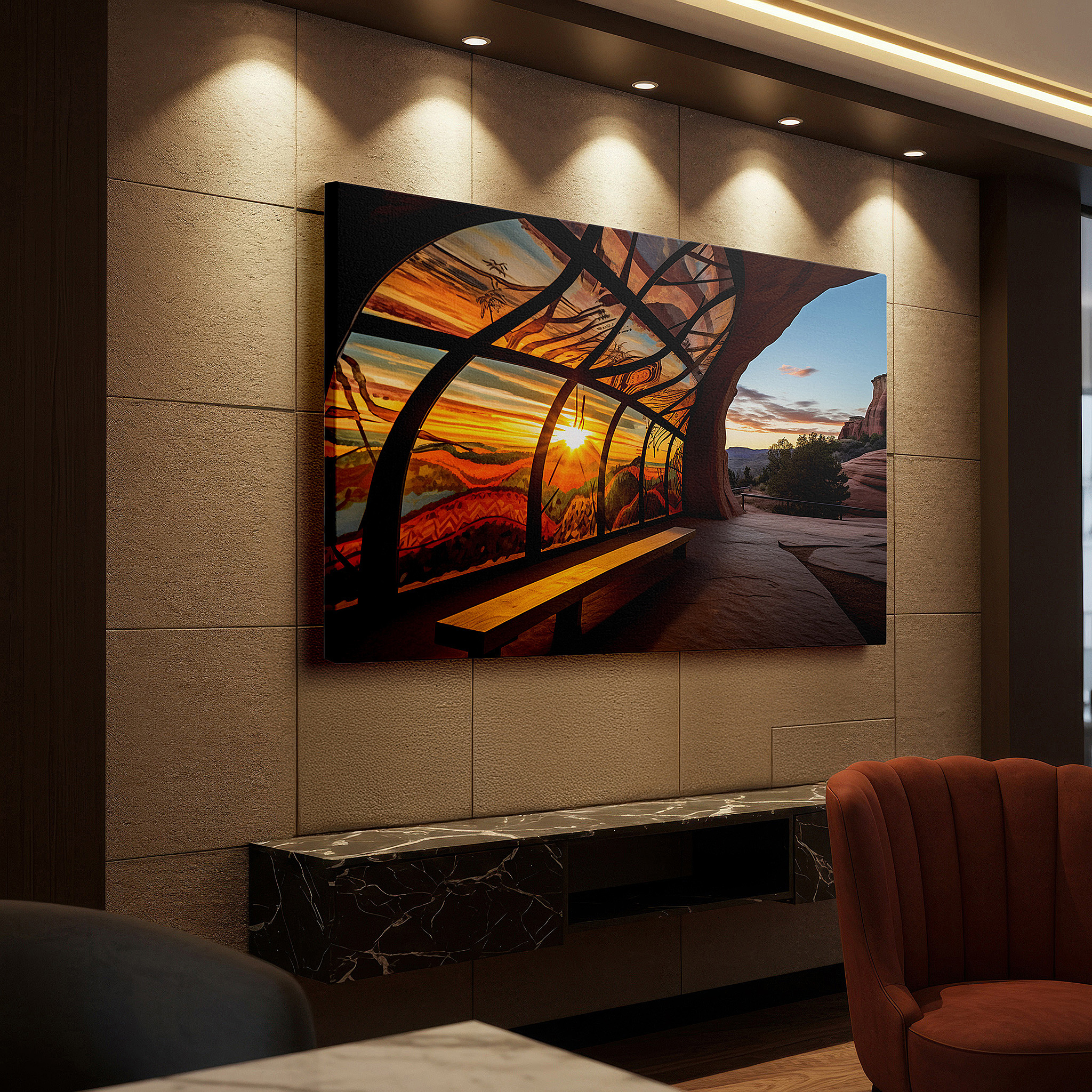 Framed by abstract decor and natural-toned accessories — serene sunset viewed through a creative window: a perfect fusion of natural beauty and artistic design, large canvas wall art for home and office decor