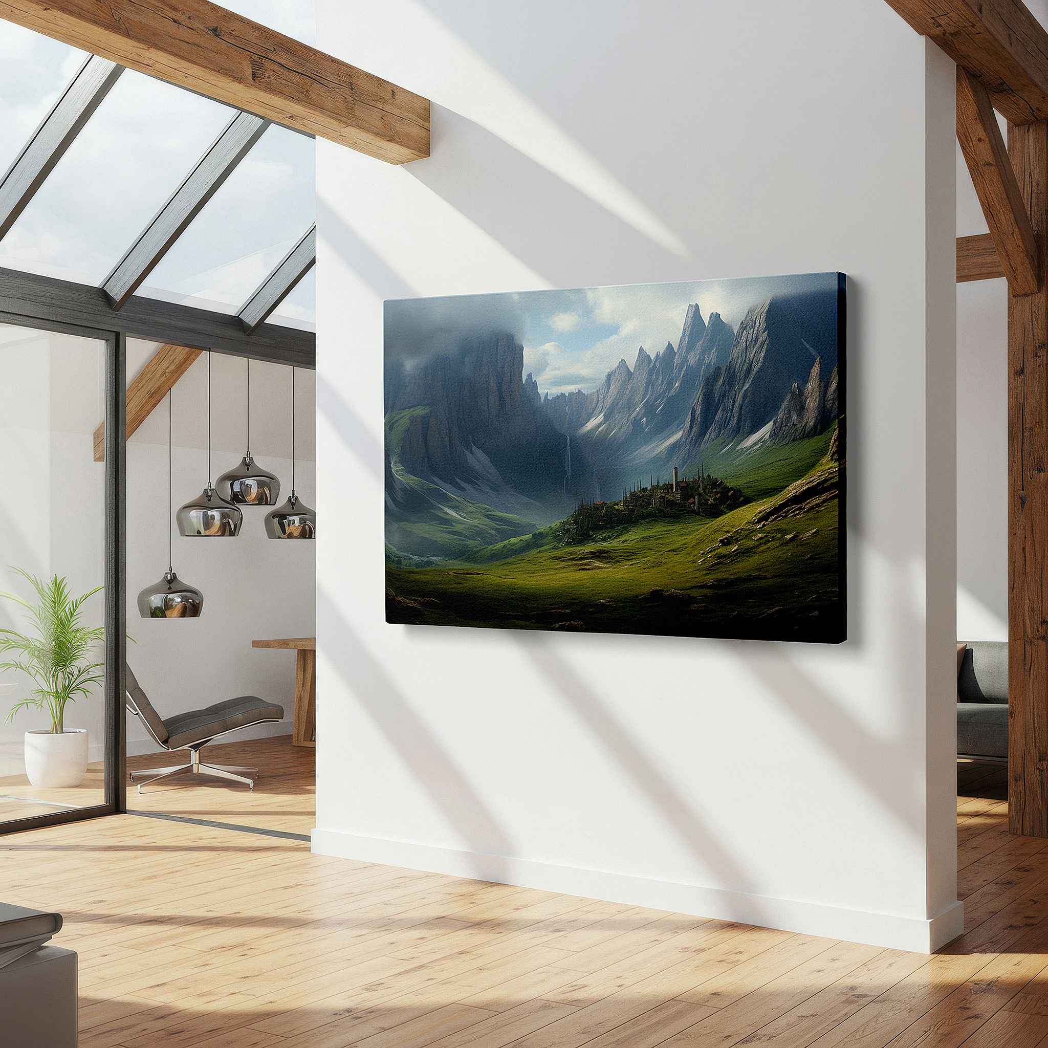 Framed by abstract decor and natural-toned accessories — serene valley oasis featuring majestic mountains and tranquil village - large wall art with cascading waterfall, canvas wall art for office decor