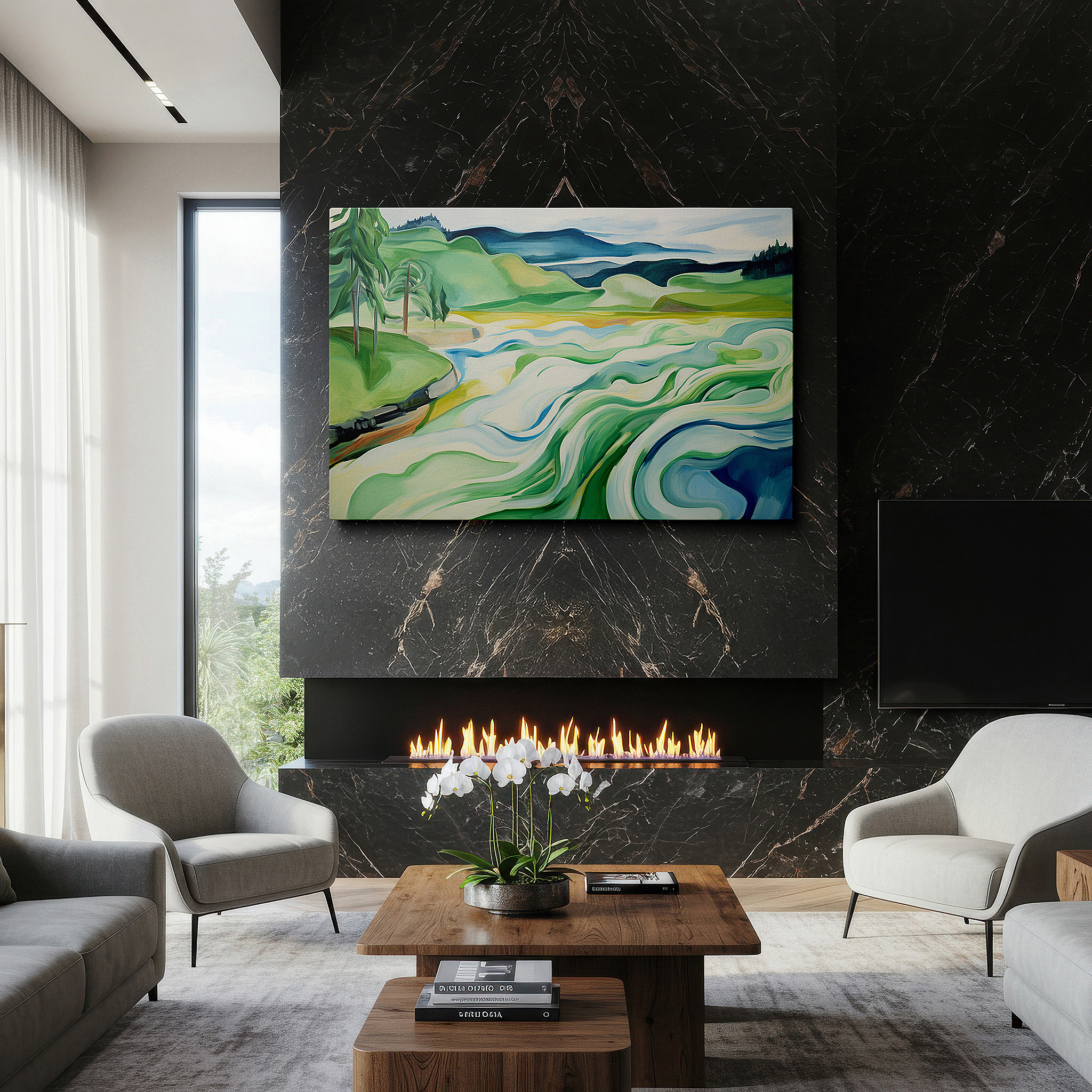 Framed by abstract decor and natural-toned accessories — serene waterscape featuring gentle hills and soft waves - tranquil mix of soft colors and abstract shapes, large wall art, canvas wall art