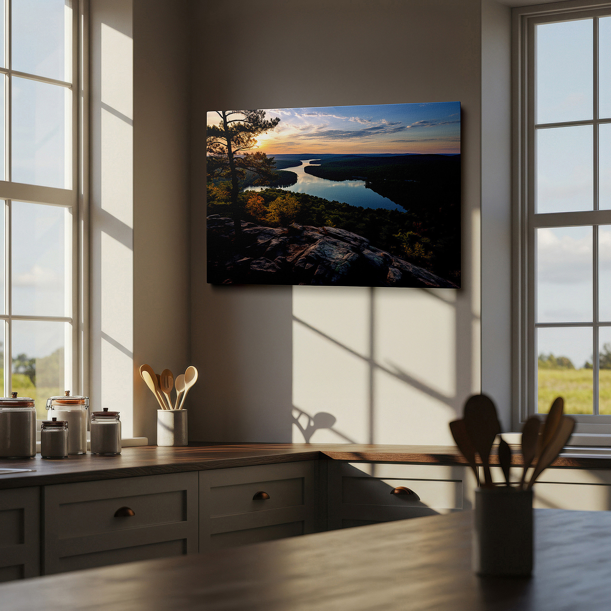 Framed by abstract decor and natural-toned accessories — serpentine river sunset, surrounded by dense forests and bright skies, large canvas wall art for office and bedroom decor