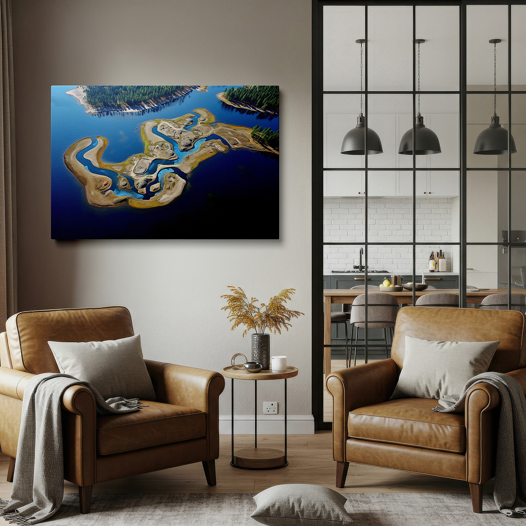 Framed by abstract decor and natural-toned accessories — serpentine rivers and emerald islands large canvas wall art, elegant aerial wall decor for office and bedroom