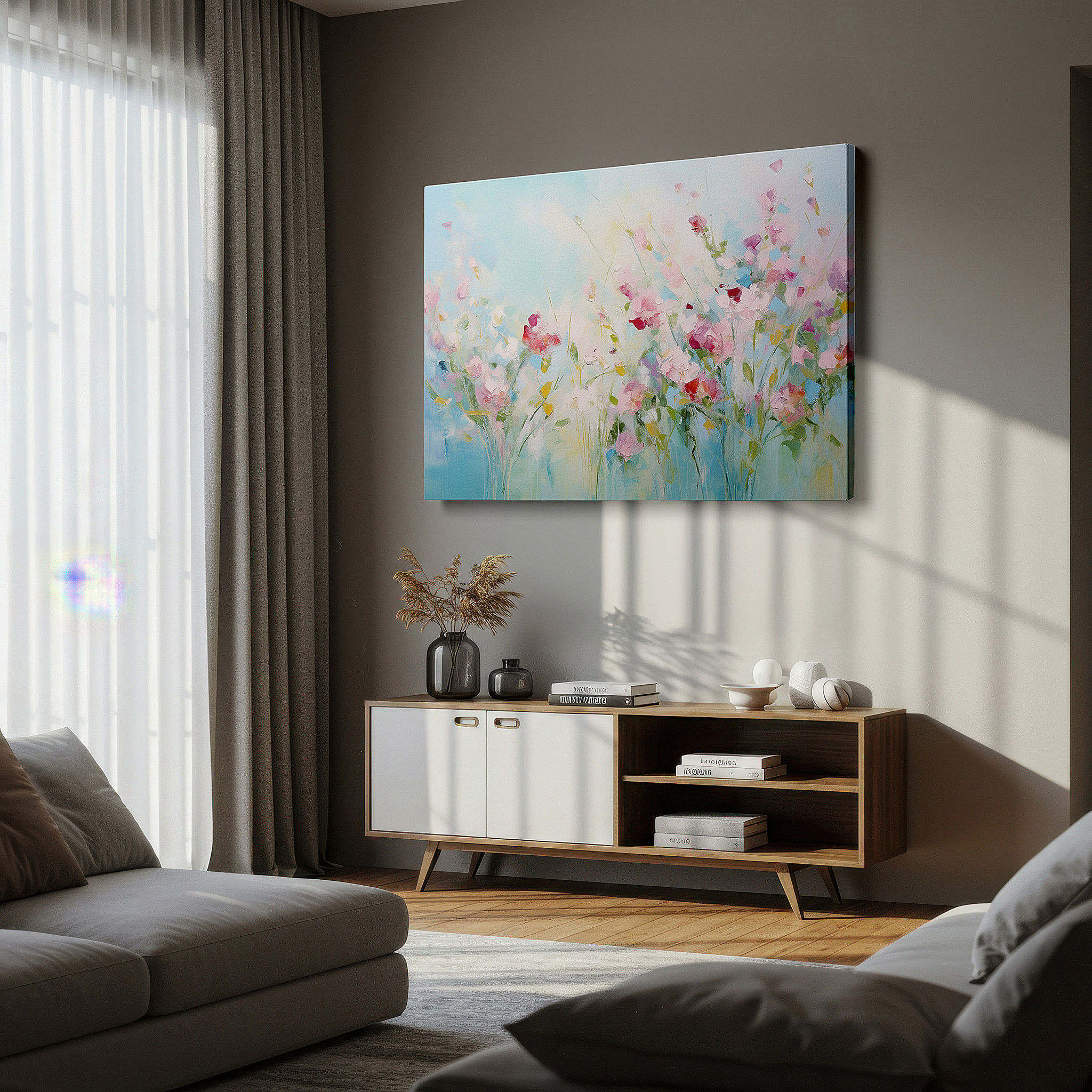 Framed by abstract decor and natural-toned accessories — soft pastel ethereal floral symphony, tranquil centerpiece for serene spaces, large canvas wall art decor for offices