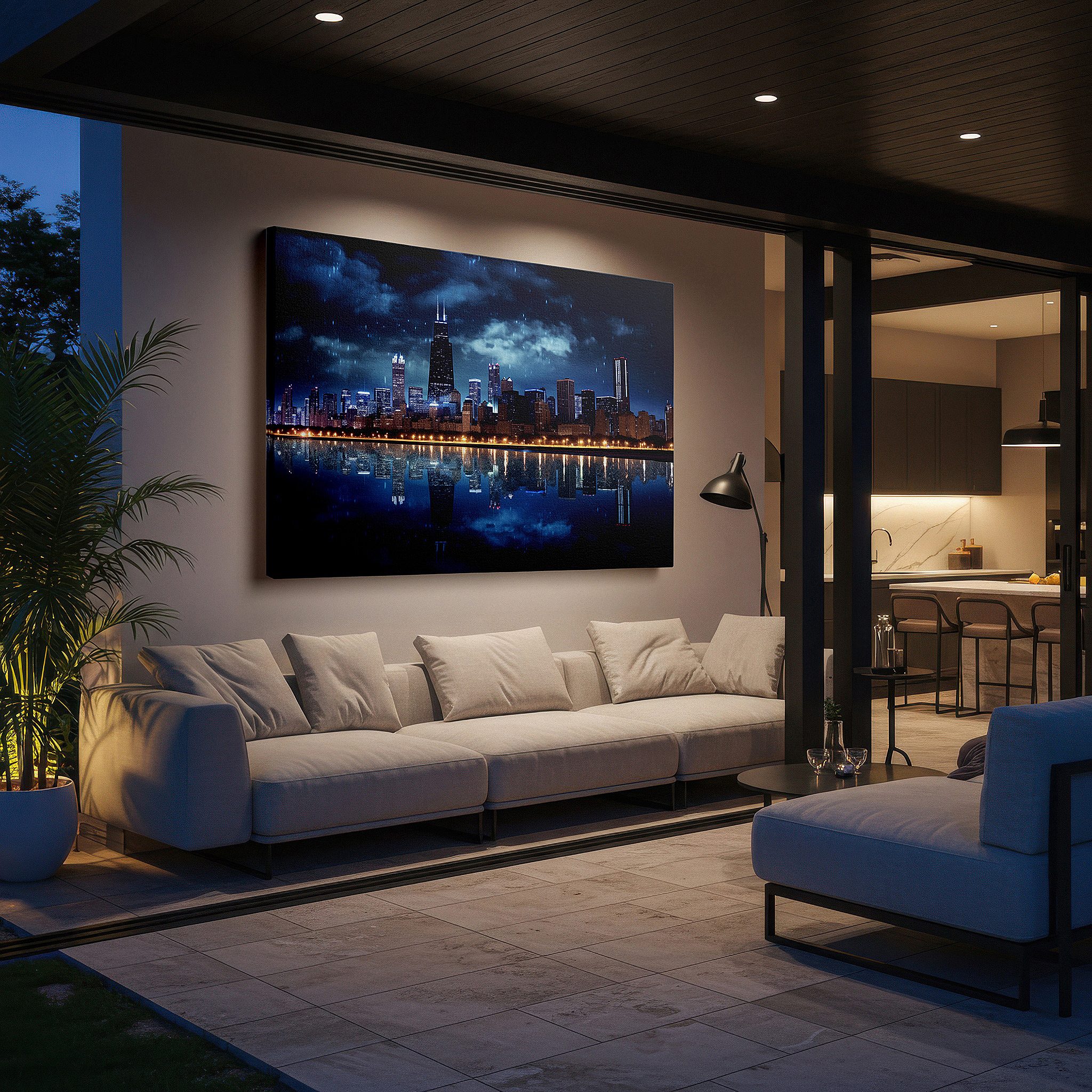 Framed by abstract decor and natural-toned accessories — stormy evening in chicago: oil on canvas skyline masterpiece, large wall art for office or bedroom decor