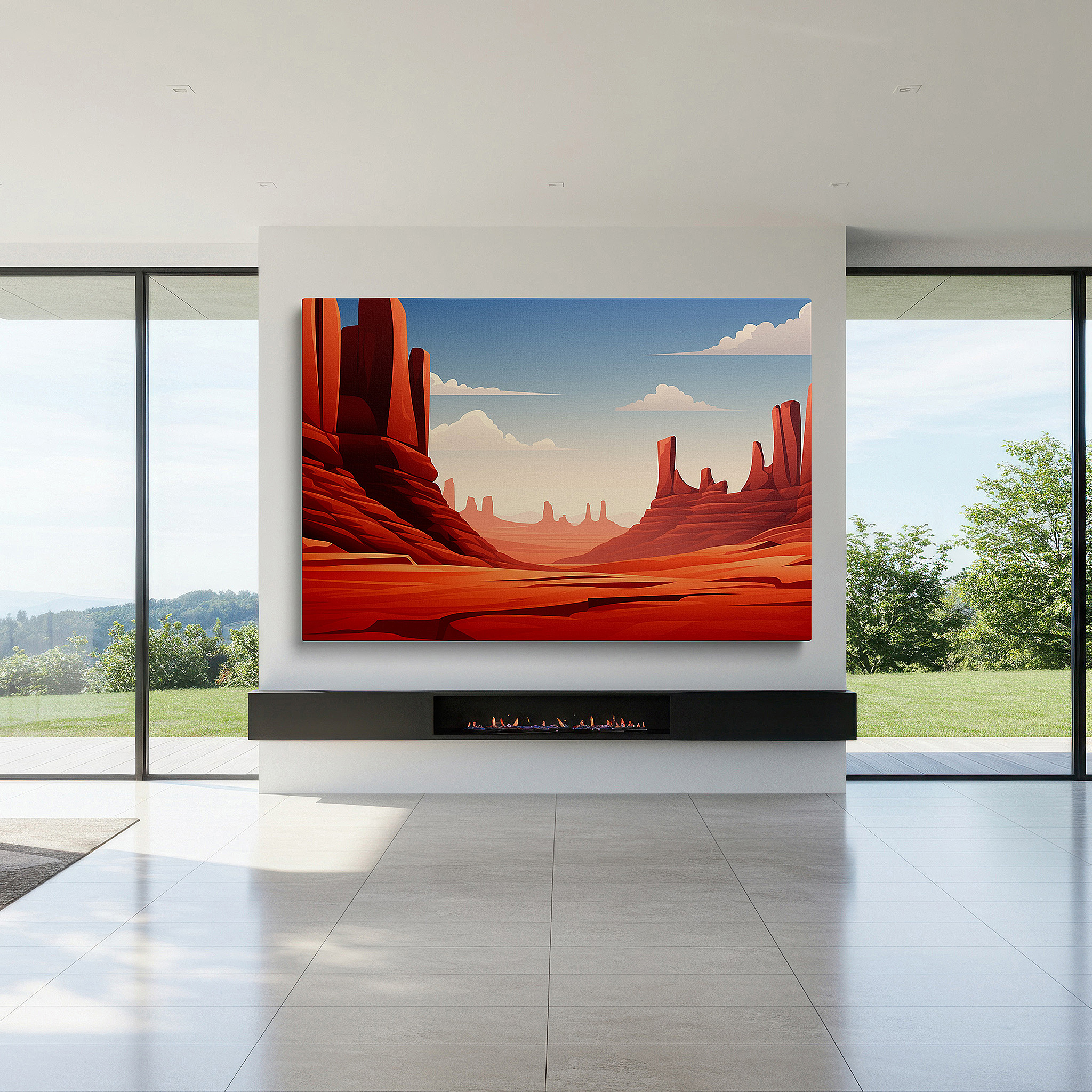 Framed by abstract decor and natural-toned accessories — stunning southwest american desert scenery featuring classic red rock structures, large canvas wall art for home and office decor