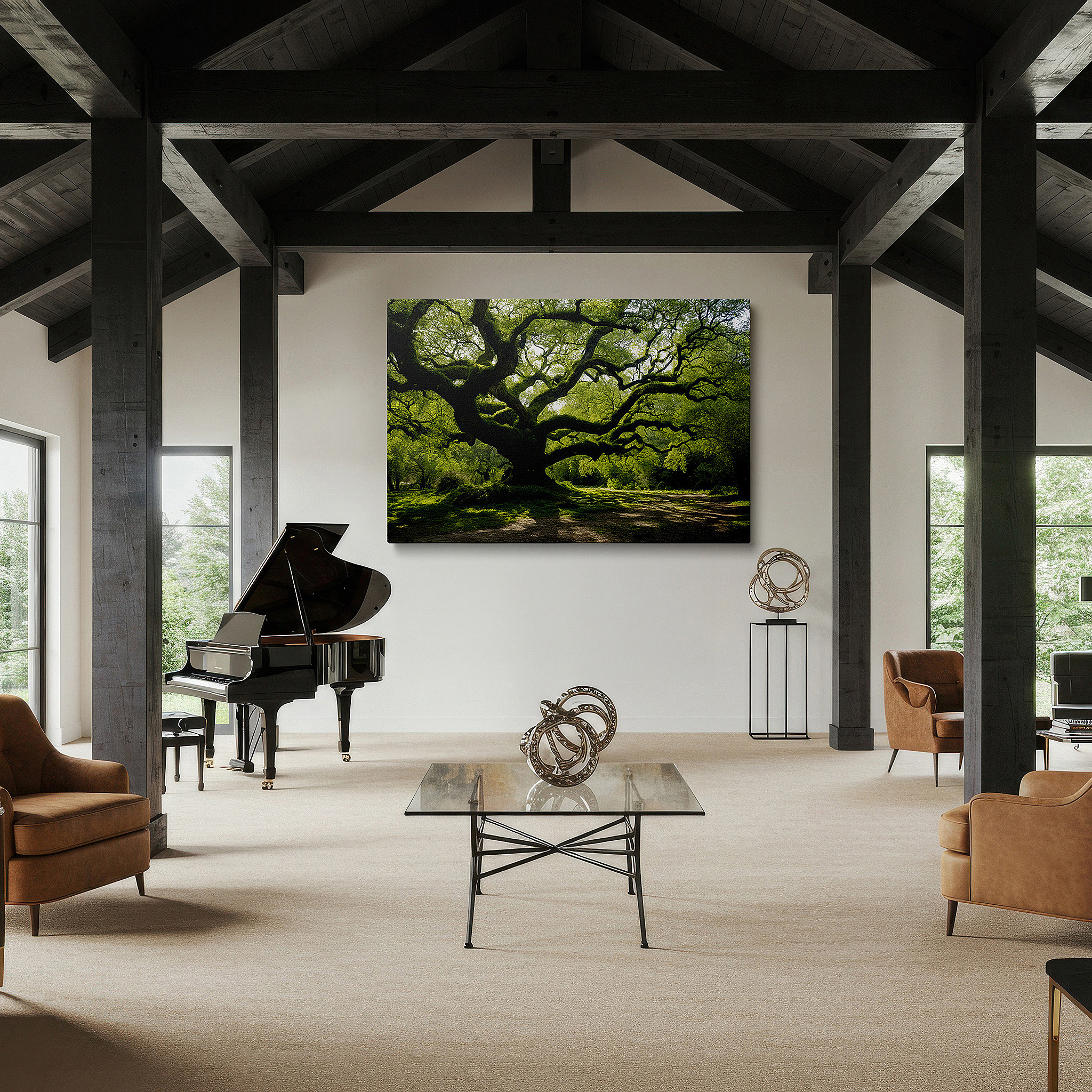 Framed by abstract decor and natural-toned accessories — sun-dappled ancient tree: a tranquil sanctuary of strength - large canvas wall art for office decor