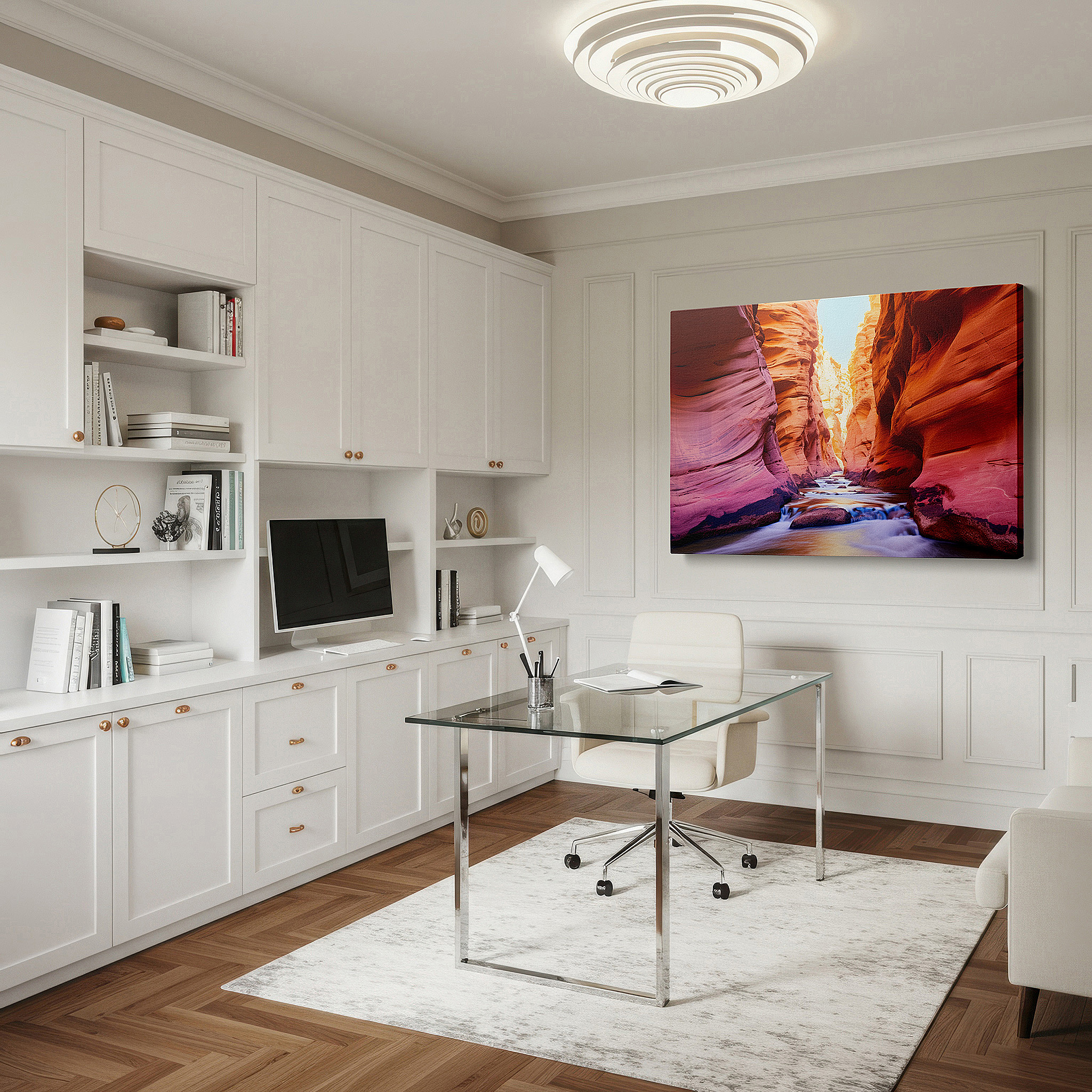 Framed by abstract decor and natural-toned accessories — sunlit canyon with tranquil waters and ancient rocks large wall art, canvas decor for office, bedroom, and living room