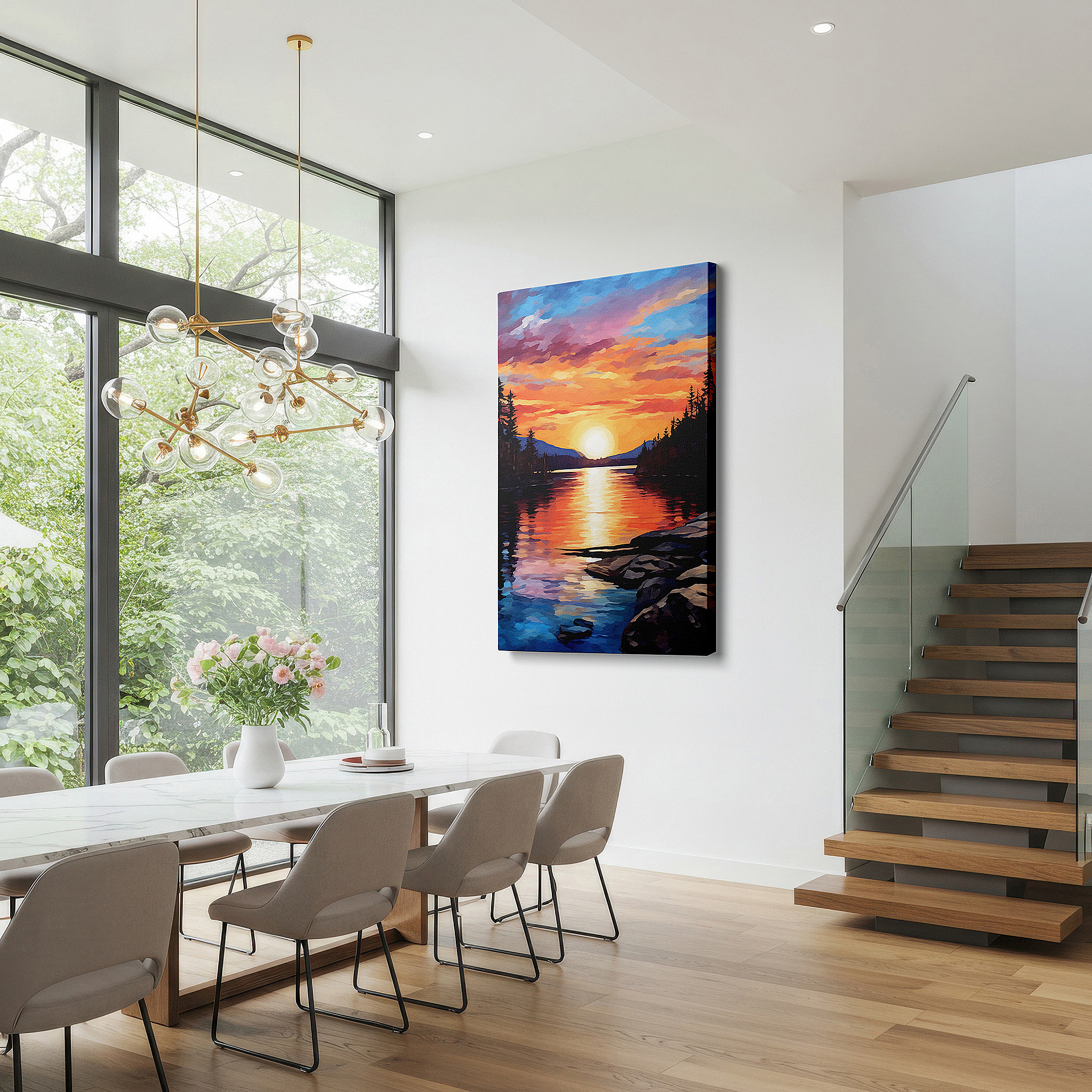 Framed by abstract decor and natural-toned accessories — sunset serenity over a tranquil river: a vivid display of nature's palette - large canvas wall art for office and bedroom decor