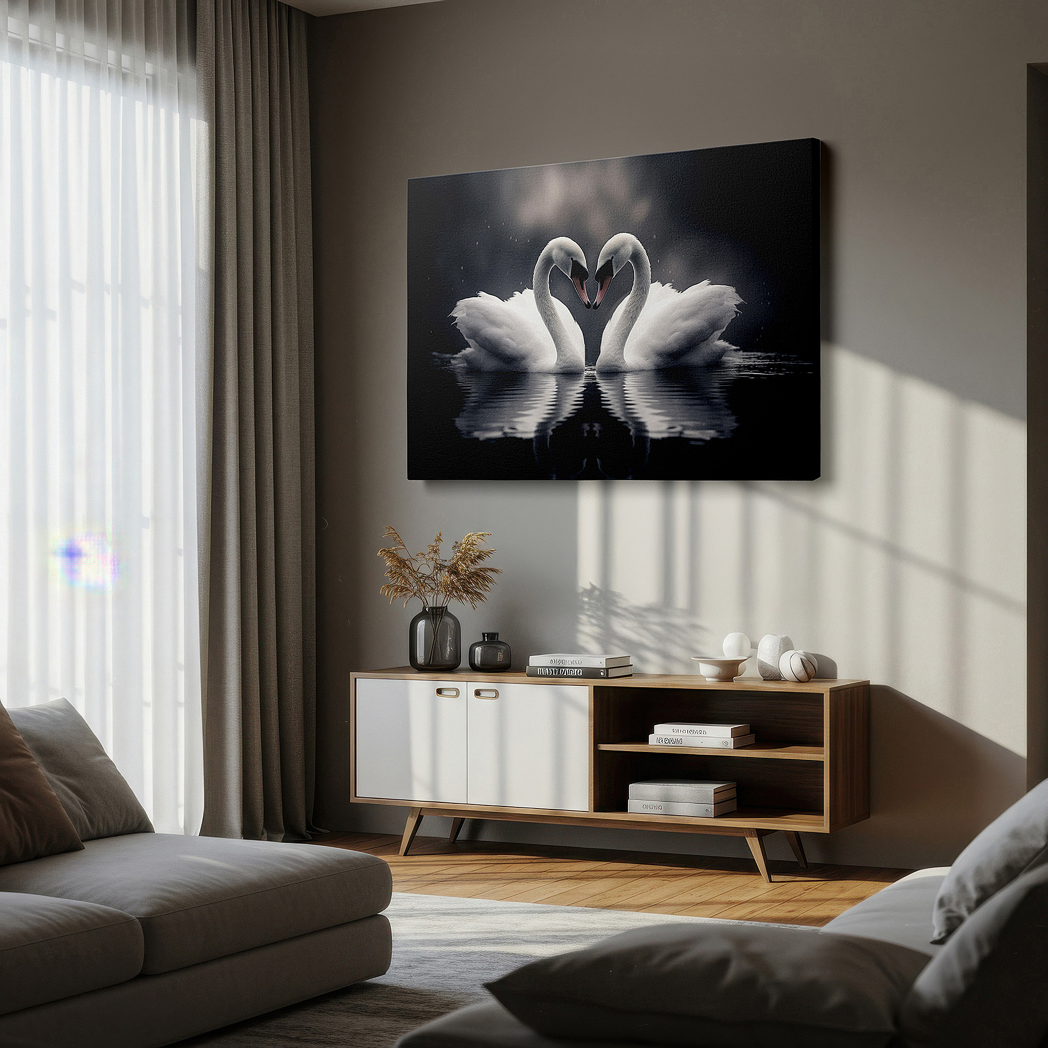 Framed by abstract decor and natural-toned accessories — swan embrace wall art: symbol of love and unity on tranquil waters - large canvas for home and office decor