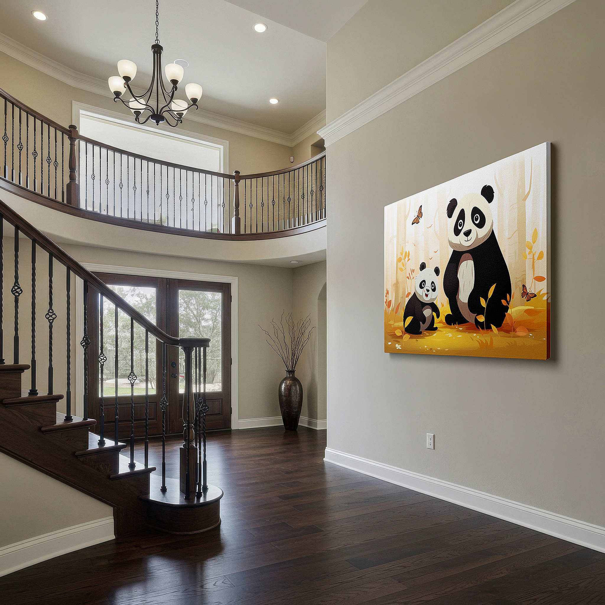 Framed by abstract decor and natural-toned accessories — tender panda family embrace in vibrant autumn forest large canvas wall art for office, bedroom, and living room decor