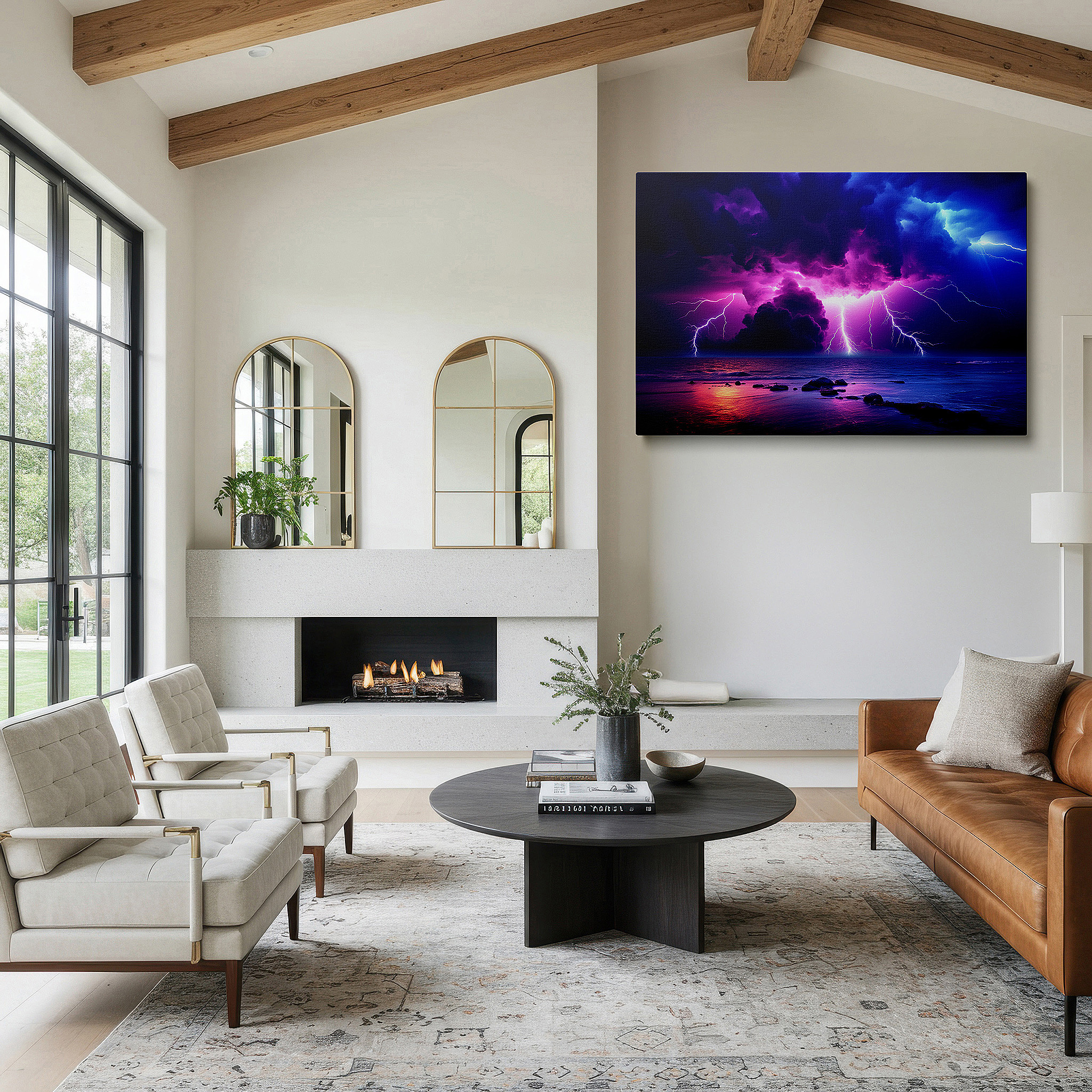 Framed by abstract decor and natural-toned accessories — thunderstorm over the ocean: showcasing the wild power and beauty of nature - large wall art, canvas wall art, wall decor for office