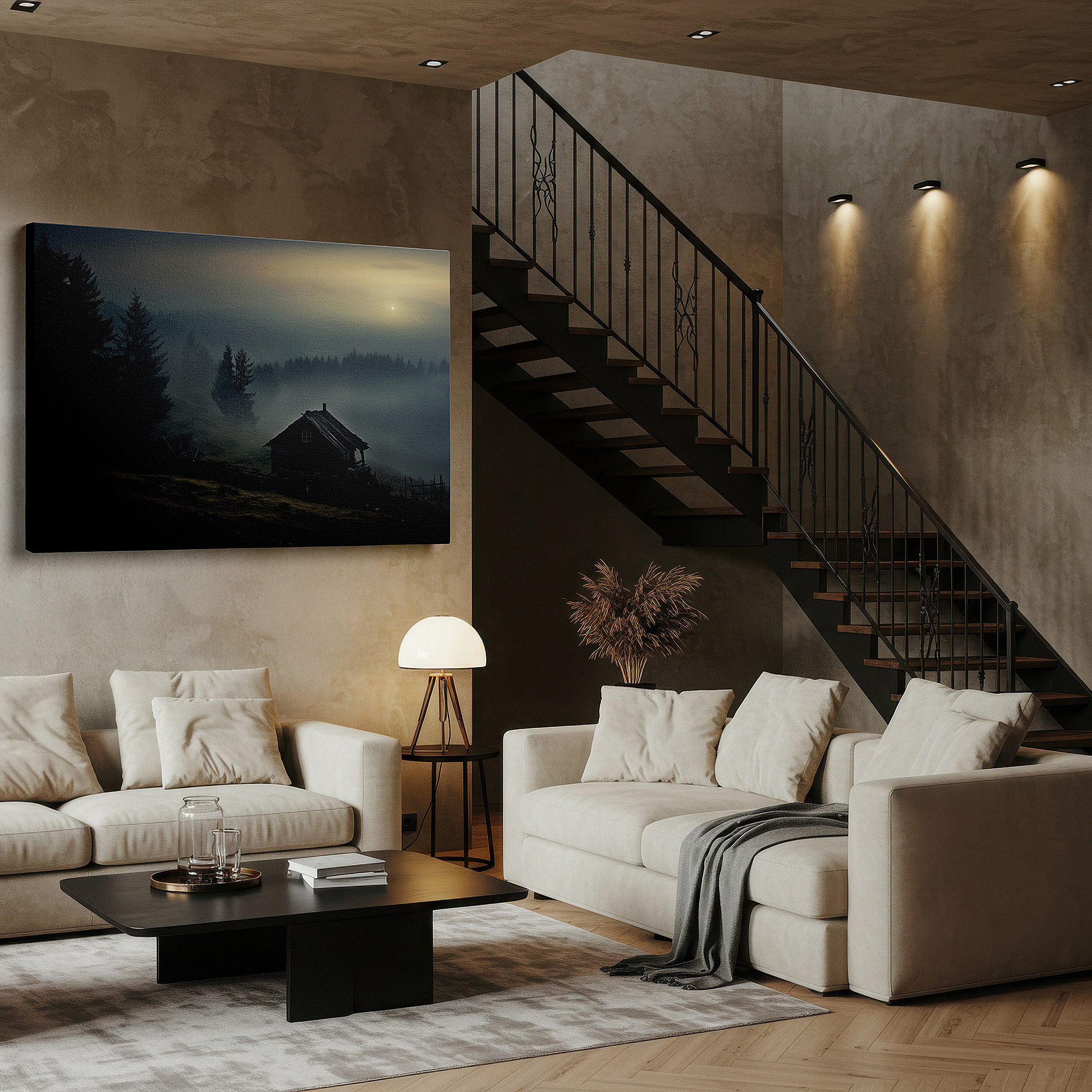 Framed by abstract decor and natural-toned accessories — tranquil dawn retreat: serene foggy landscape with rustic cabin among lush trees - large canvas wall art for office decor