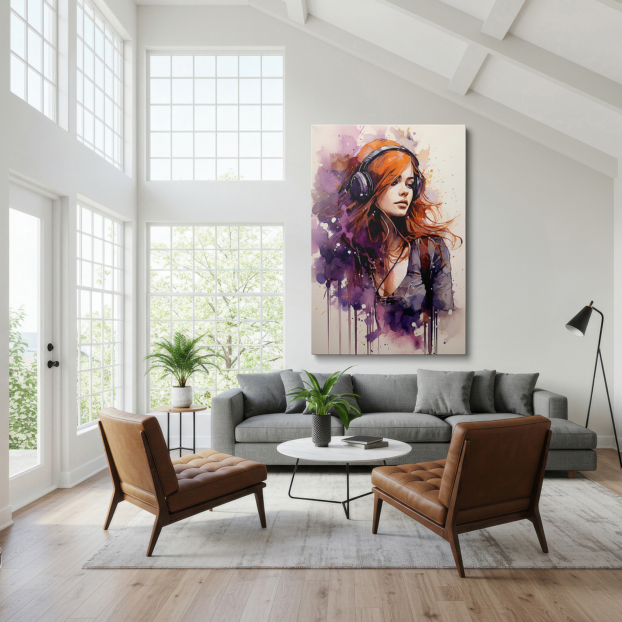 Framed by abstract decor and natural-toned accessories — the tranquil harmony of a red-haired woman engulfed in music large wall art, canvas wall art, wall decor for office and bedroom