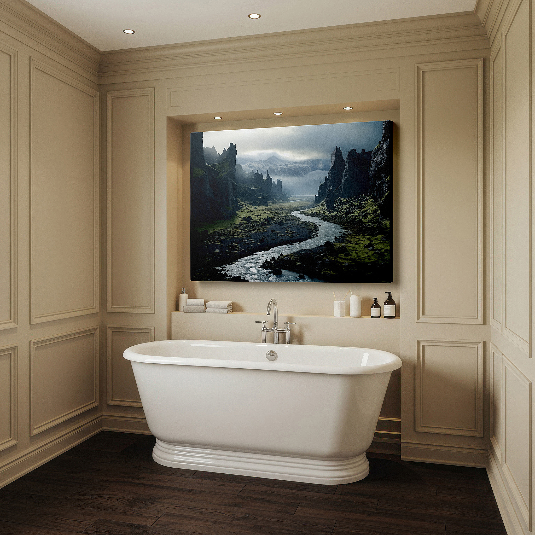Framed by abstract decor and natural-toned accessories — tranquil river and lush valley canvas, featuring dramatic rocks and verdant foliage, large wall art for office and bedroom decor