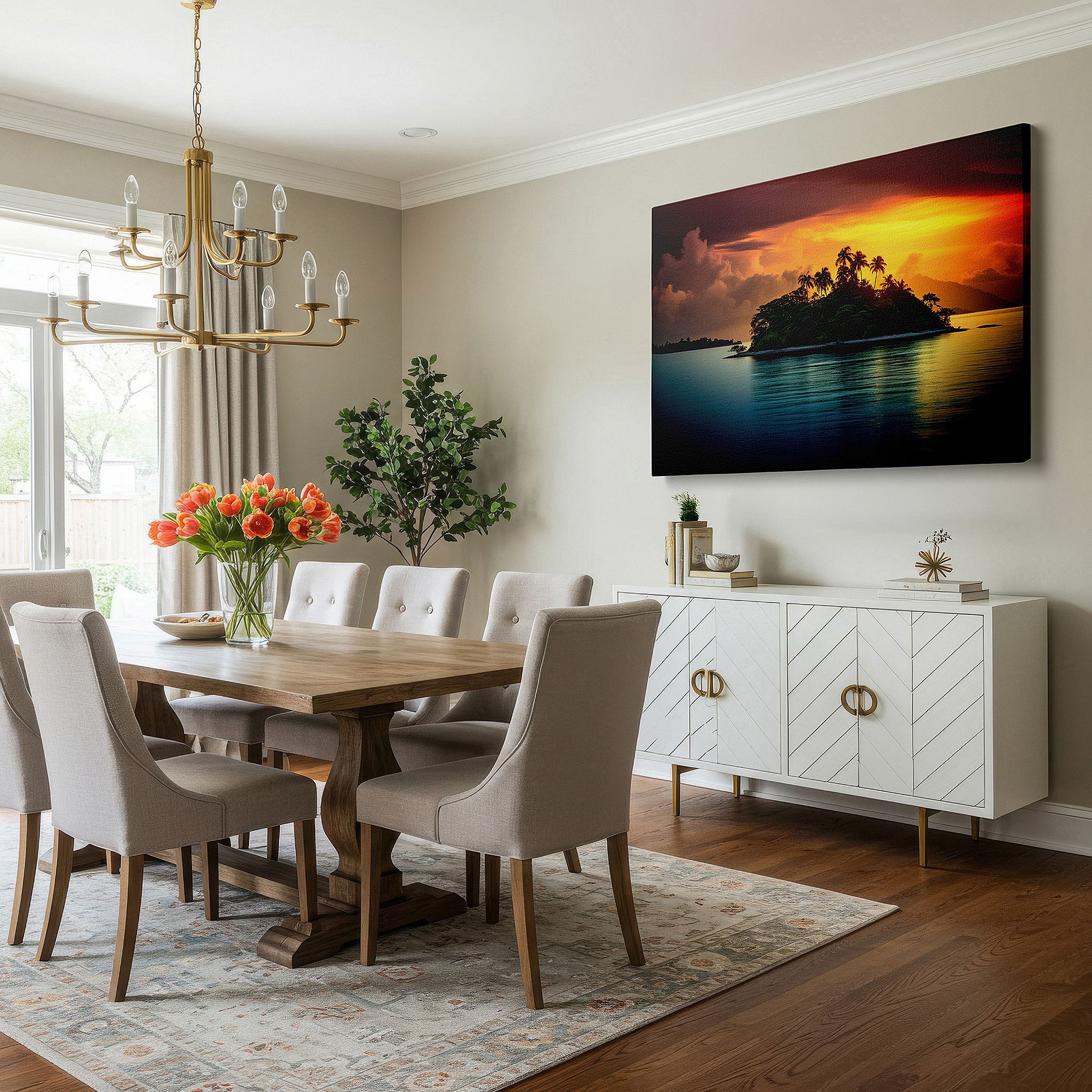Framed by abstract decor and natural-toned accessories — tropical paradise with fiery sunset and lush palms: large canvas wall art for office, bedroom, and living room decor
