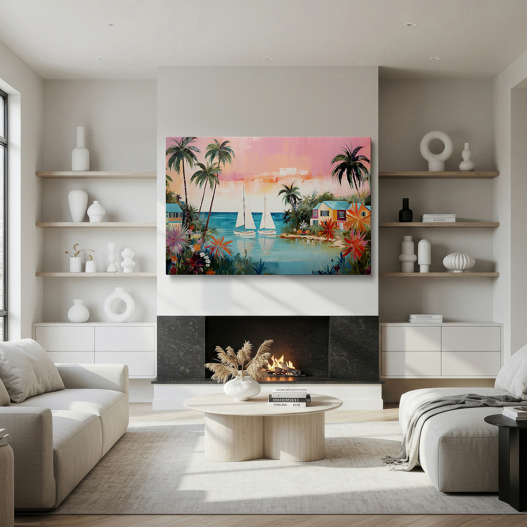 Framed by abstract decor and natural-toned accessories — tropical seascape sunset and sailboats wall art: large canvas for serene and adventurous decor, ideal for office and bedroom