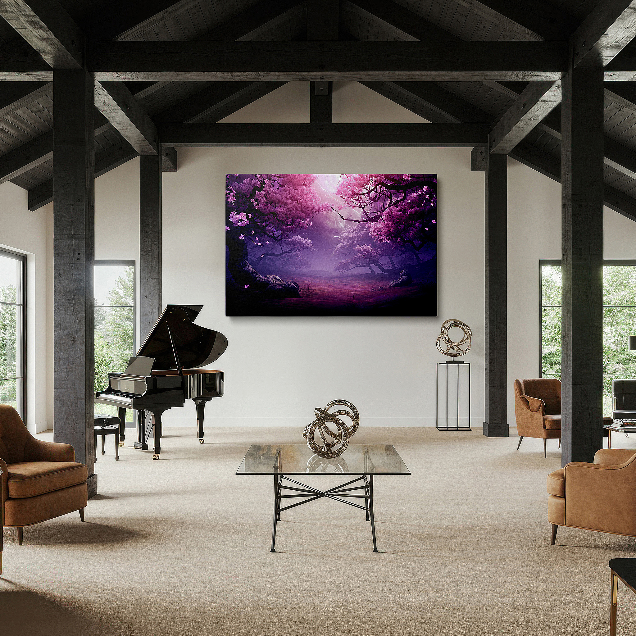 Framed by abstract decor and natural-toned accessories — twilight enchanted cherry blossom forest, ethereal luminous large wall art, canvas wall decor for office and bedroom